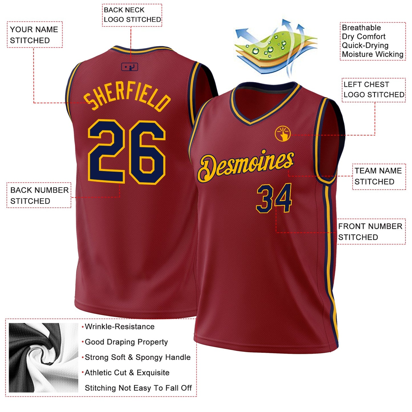 Custom Maroon Navy-Gold Authentic Throwback Basketball Jersey view 3