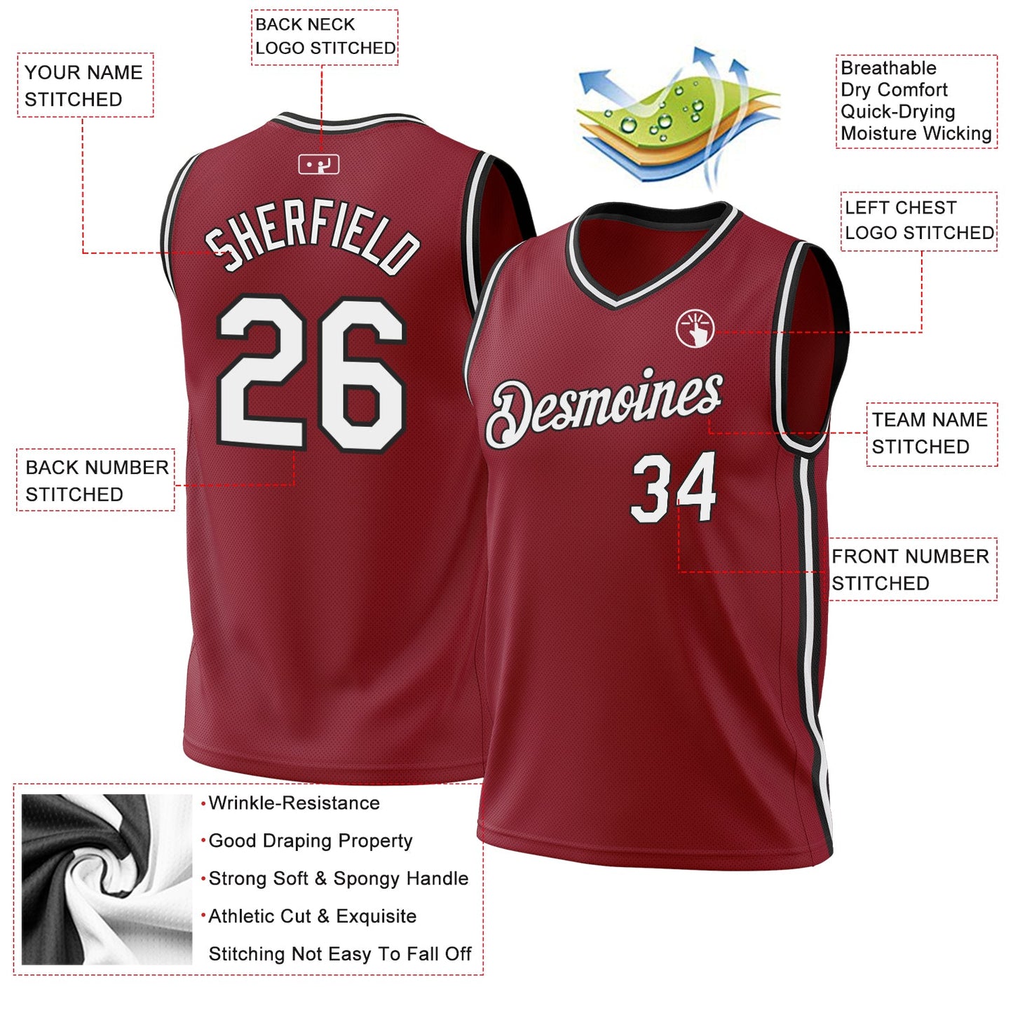 Custom Maroon White-Black Authentic Throwback Basketball Jersey view 3