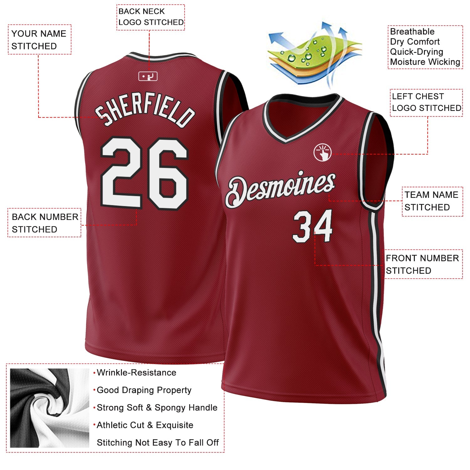 Custom Maroon White-Black Authentic Throwback Basketball Jersey view 3