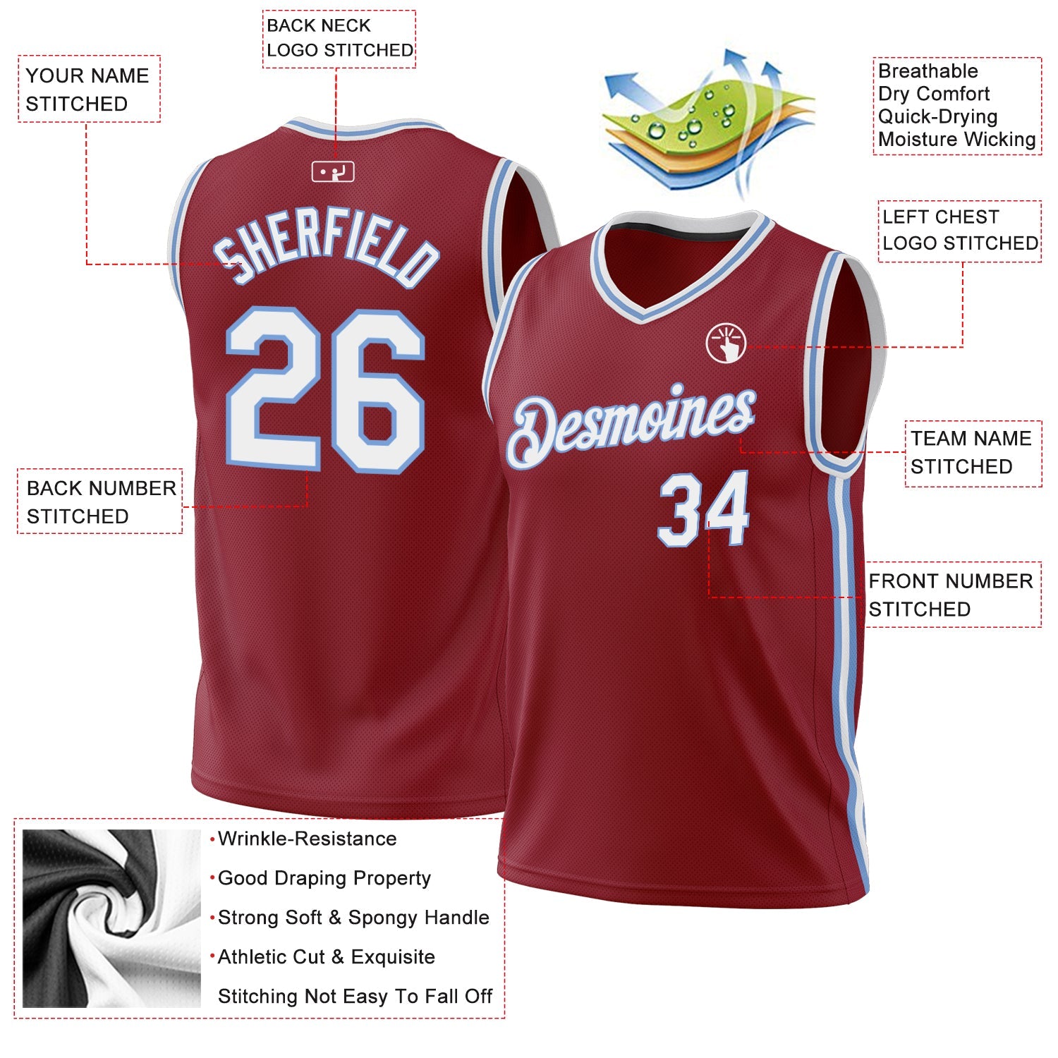 Custom Maroon White-Light Blue Authentic Throwback Basketball Jersey view 3