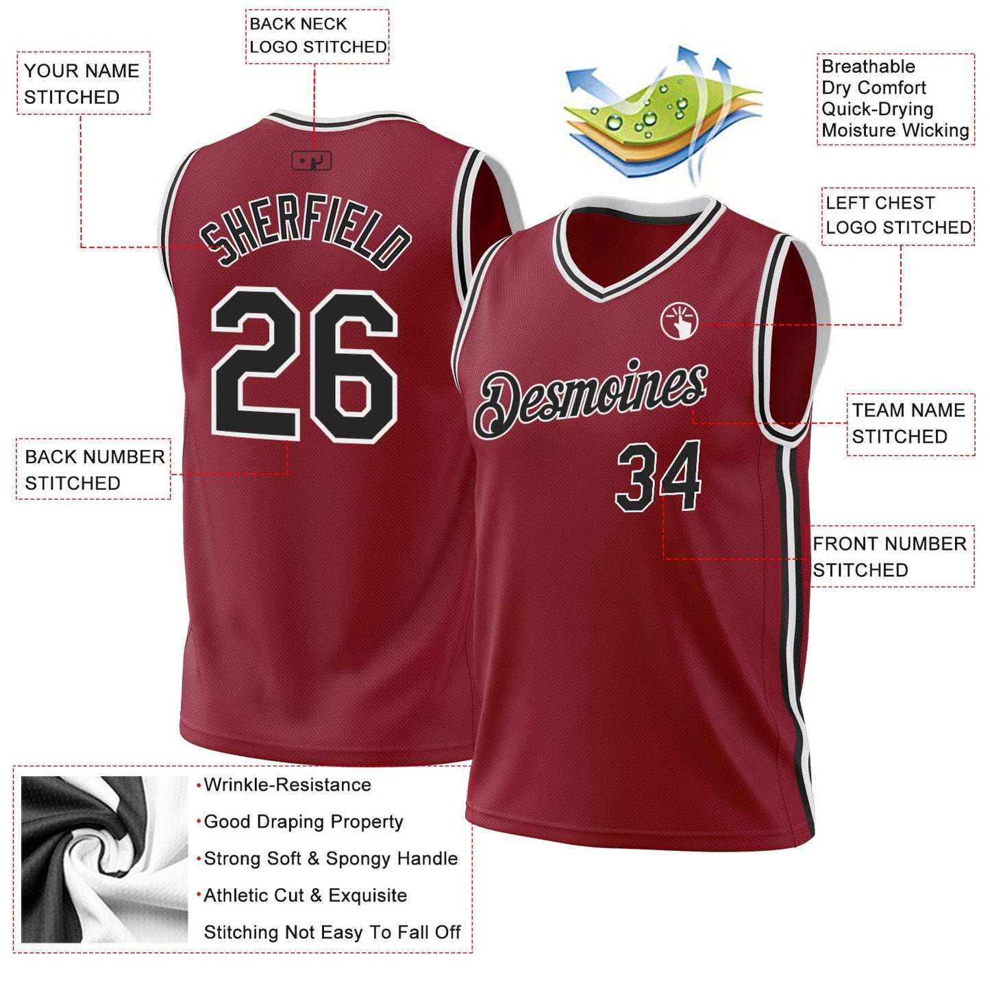Custom Maroon Black-White Authentic Throwback Basketball Jersey view 3