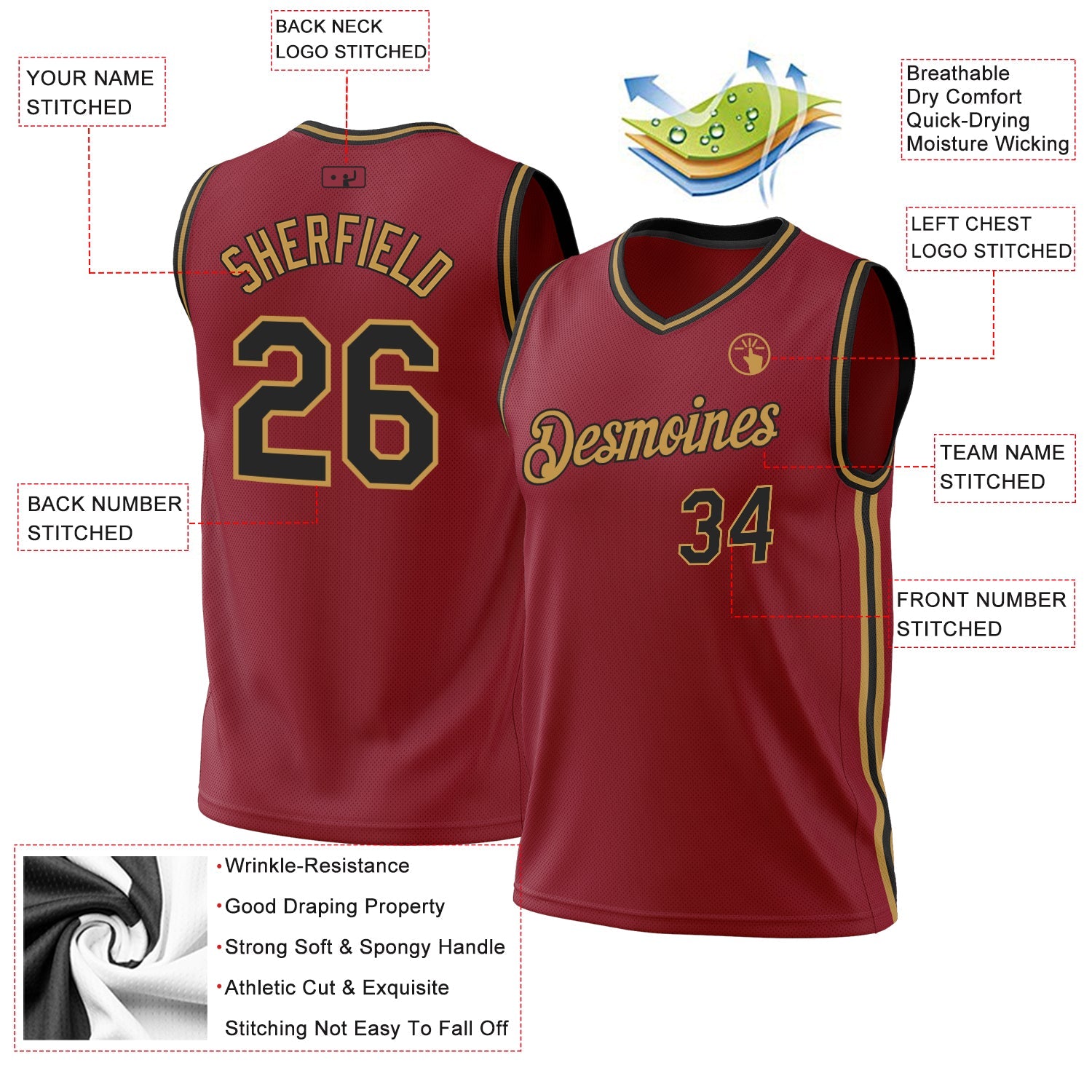 Custom Maroon Black-Old Gold Authentic Throwback Basketball Jersey view 3