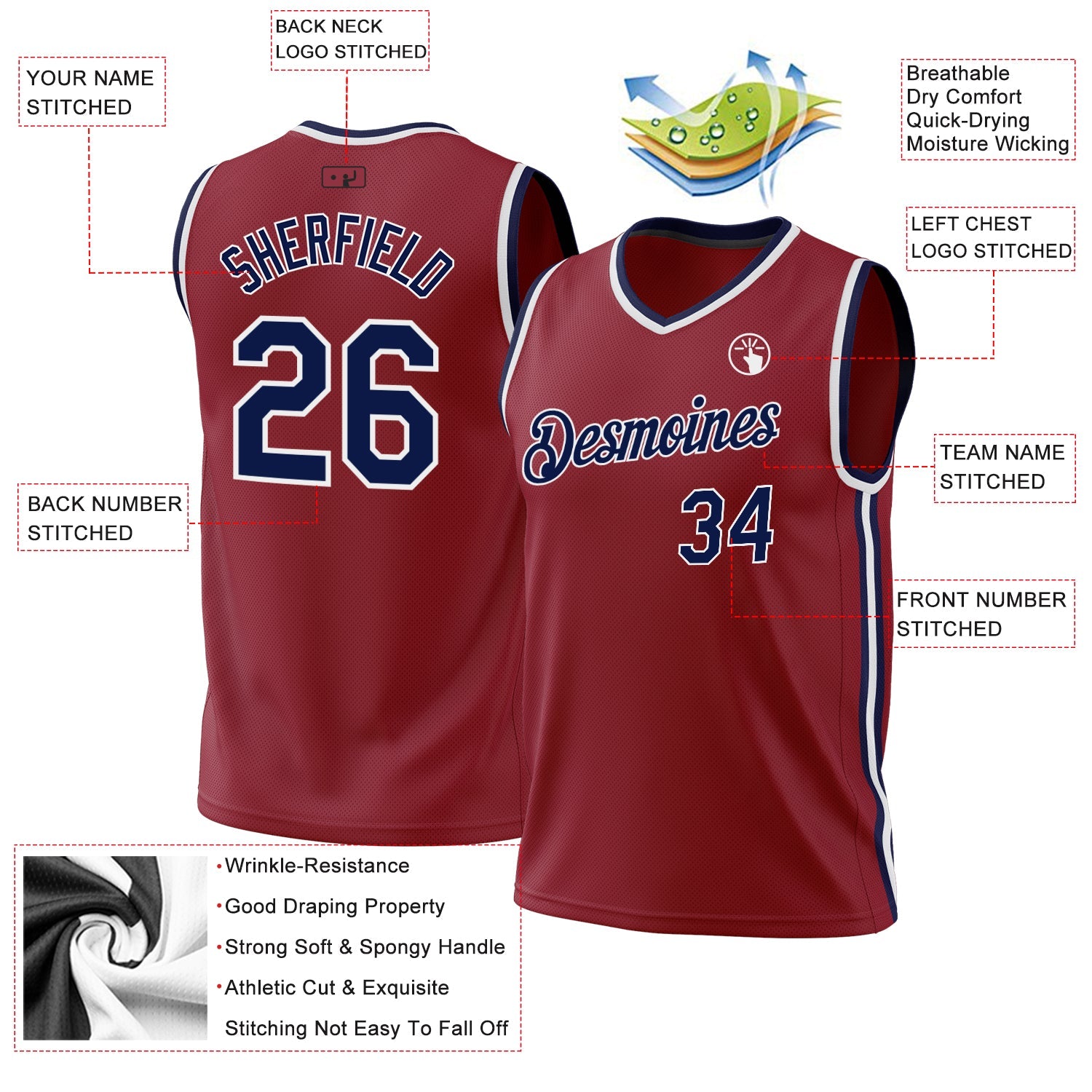 Custom Maroon Navy-White Authentic Throwback Basketball Jersey view 3