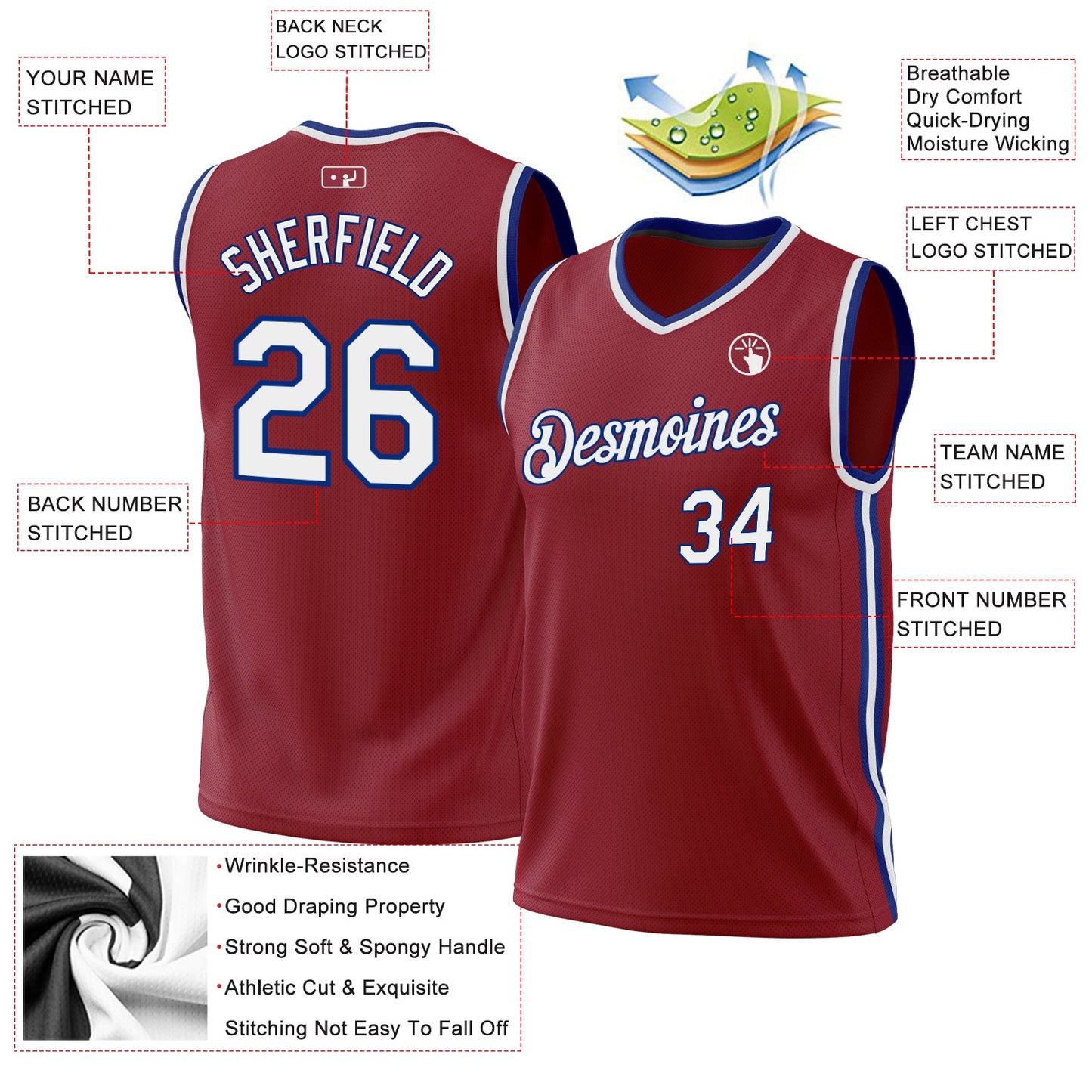 Custom Maroon White-Royal Authentic Throwback Basketball Jersey view 3