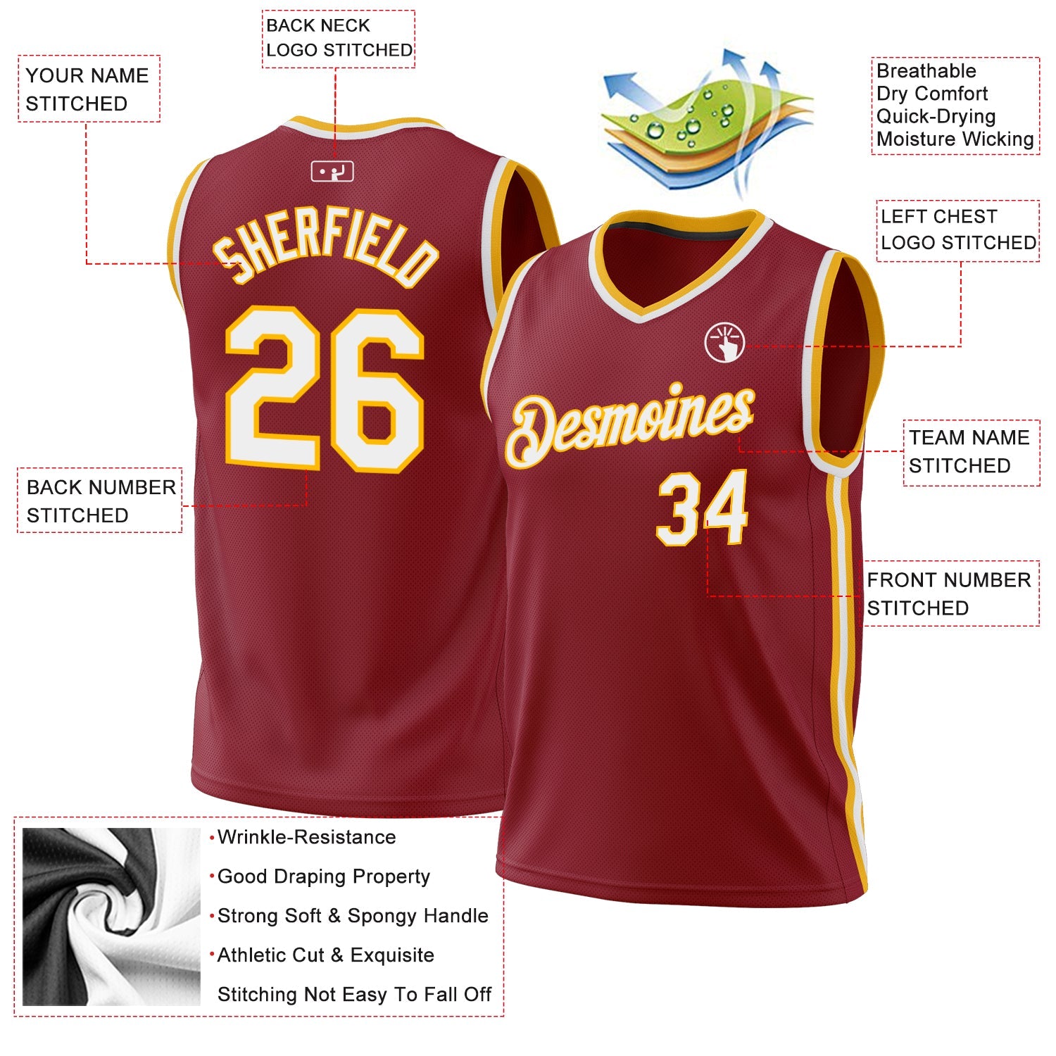 Custom Maroon White-Gold Authentic Throwback Basketball Jersey view 3