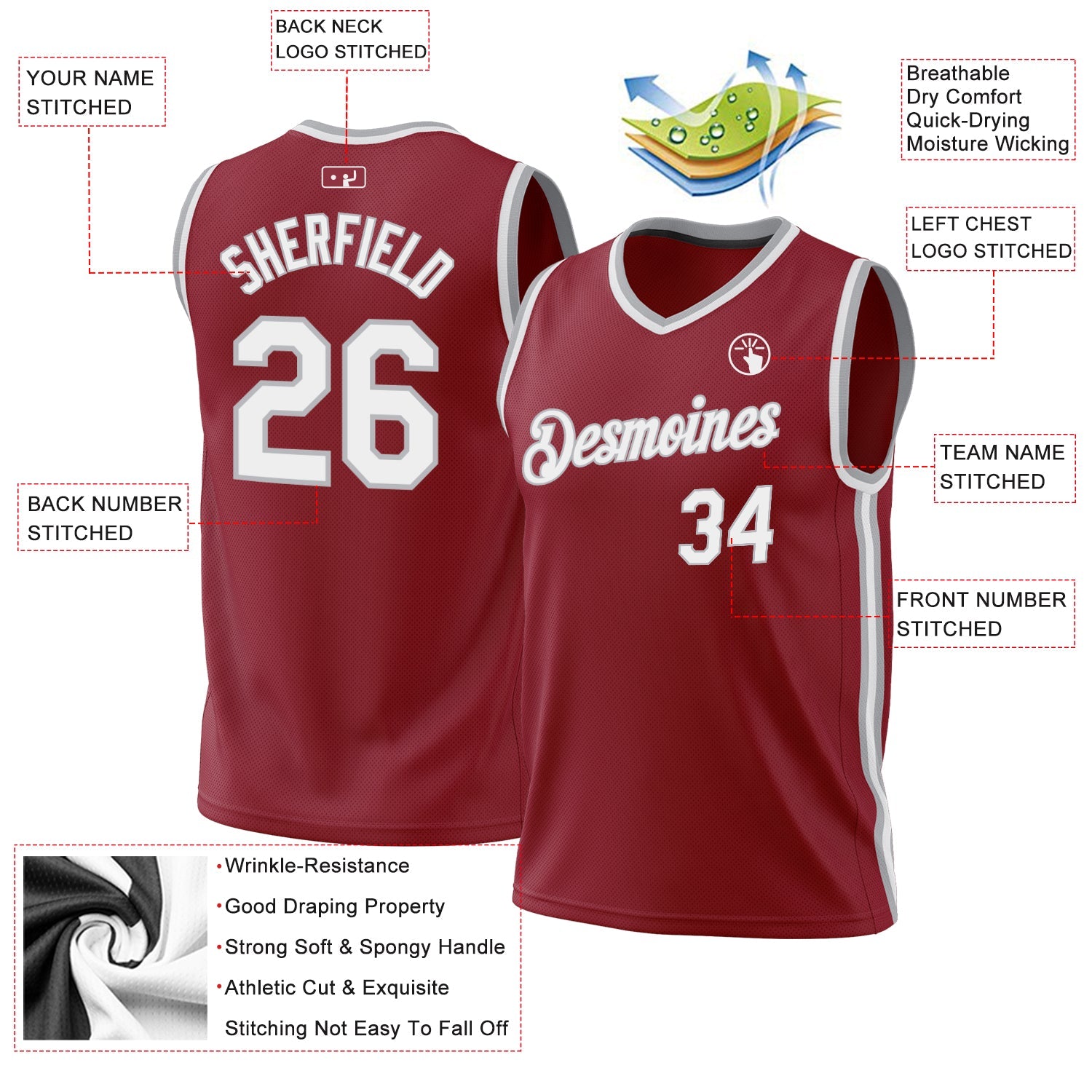 Custom Maroon White-Gray Authentic Throwback Basketball Jersey view 3