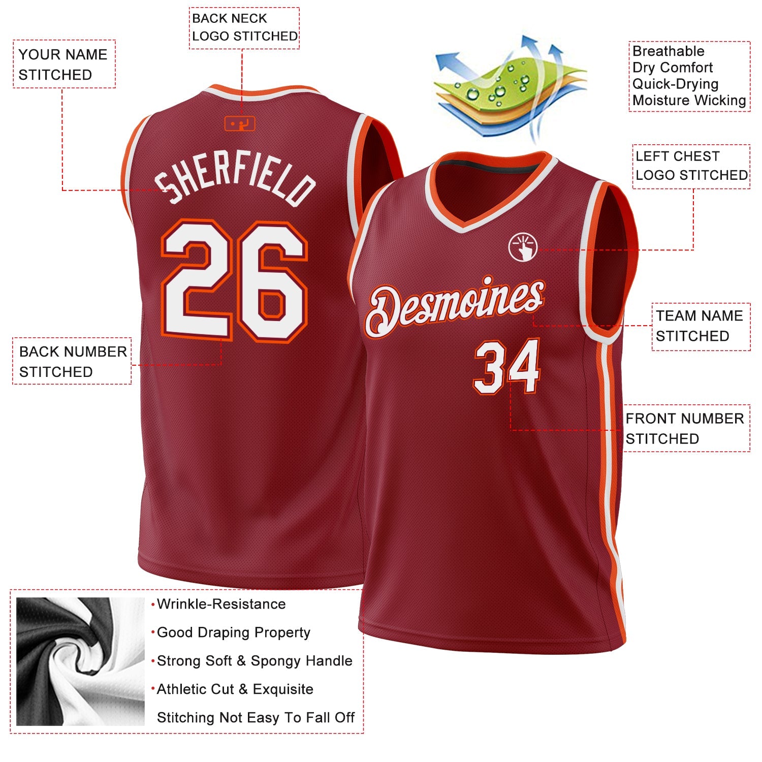 Custom Maroon White-Orange Authentic Throwback Basketball Jersey view 3