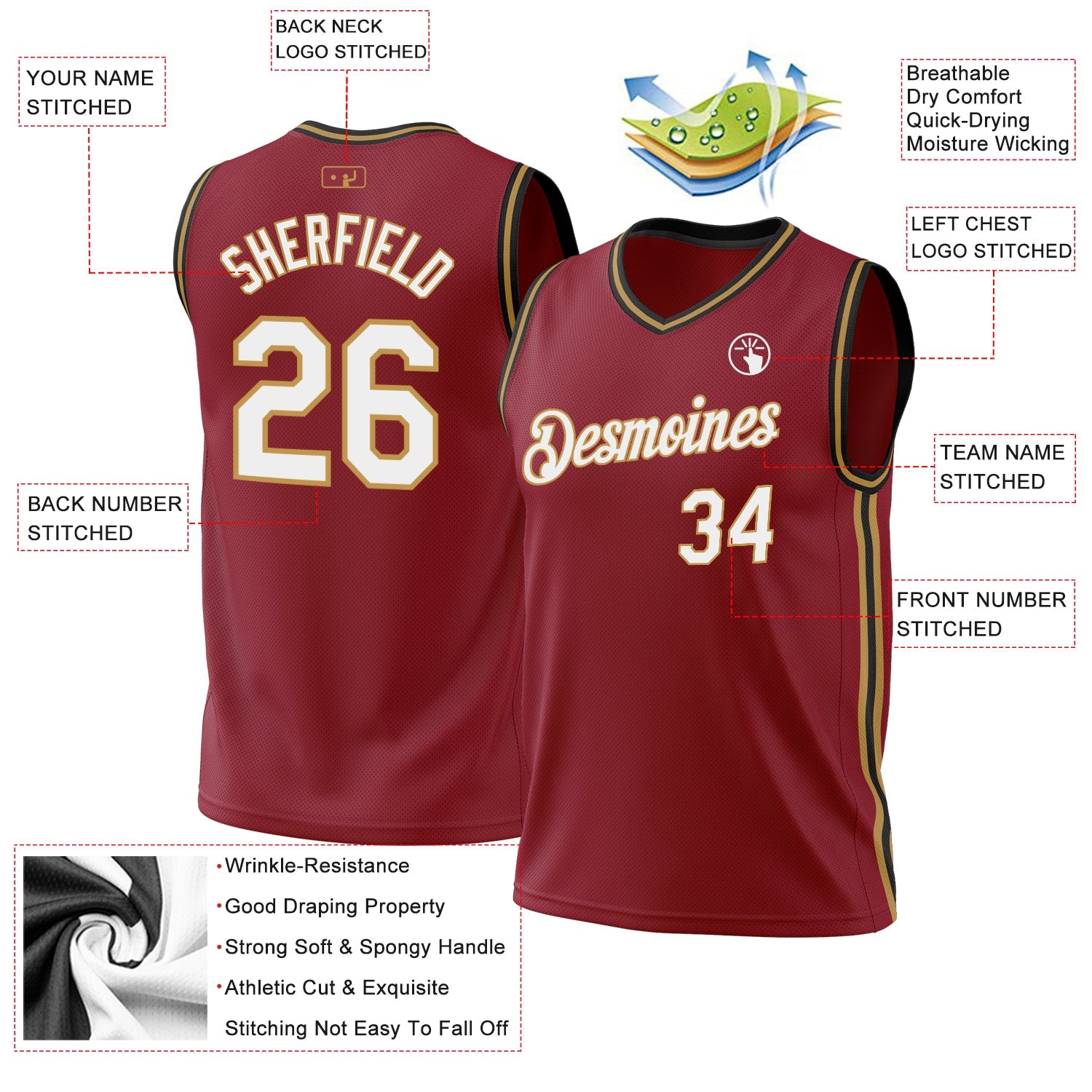 Custom Maroon Old Gold-Black Authentic Throwback Basketball Jersey view 3