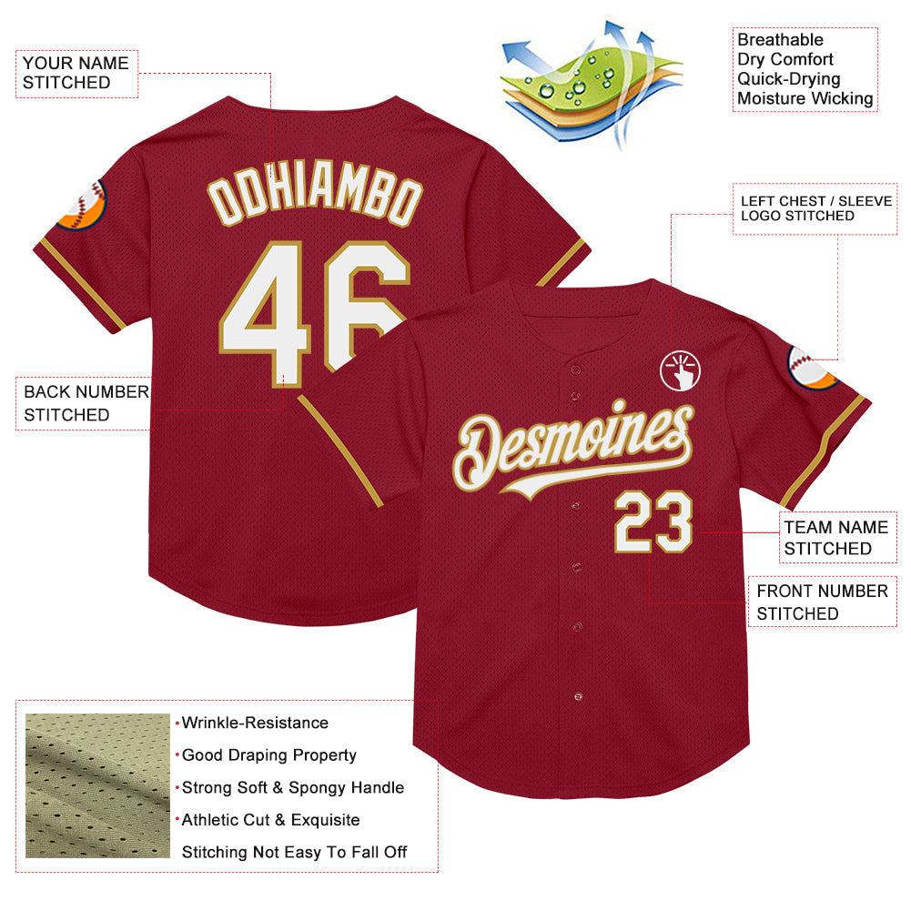 Custom Maroon White-Old Gold Mesh Authentic Throwback Baseball Jersey view 3