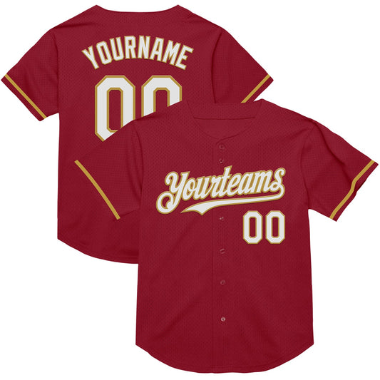 Custom Maroon White-Old Gold Mesh Authentic Throwback Baseball Jersey - Main View