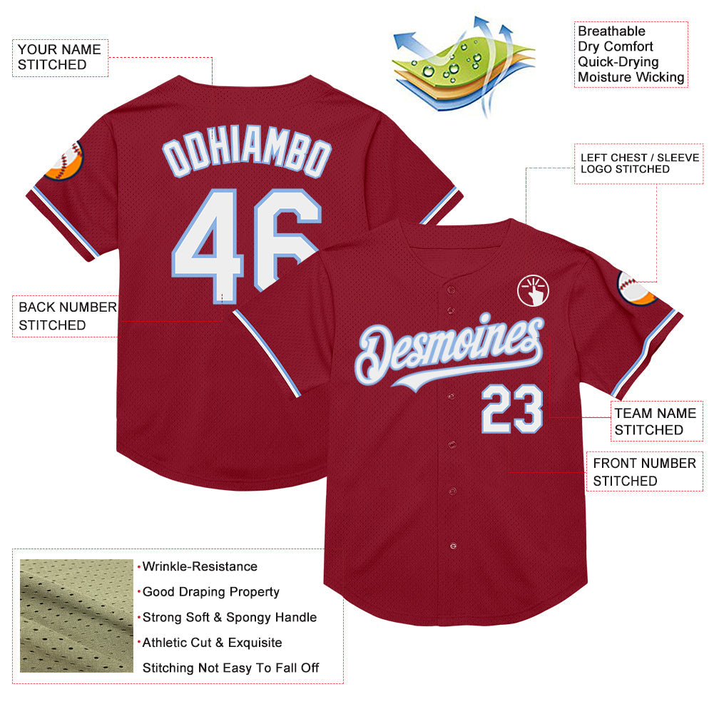 Custom Maroon White-Light Blue Mesh Authentic Throwback Baseball Jersey view 3