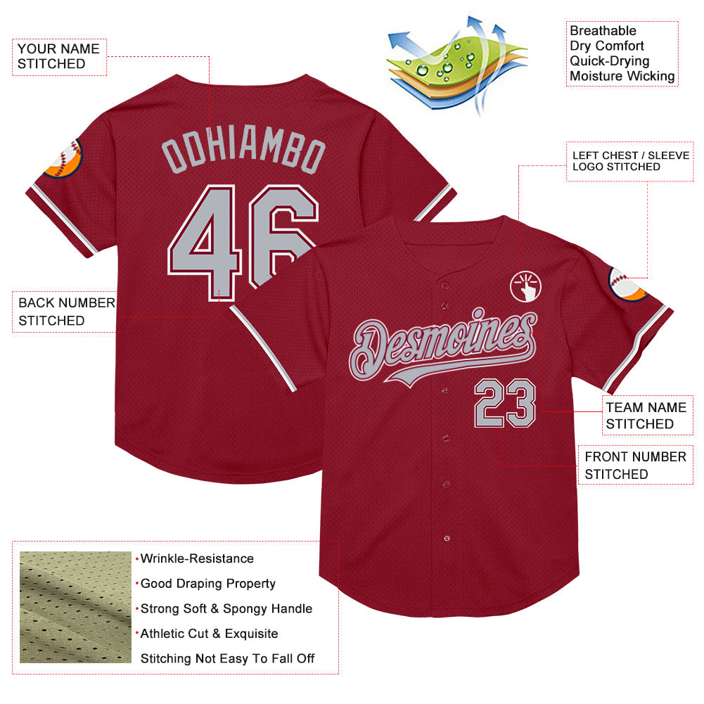 Custom Maroon Gray-White Mesh Authentic Throwback Baseball Jersey view 3