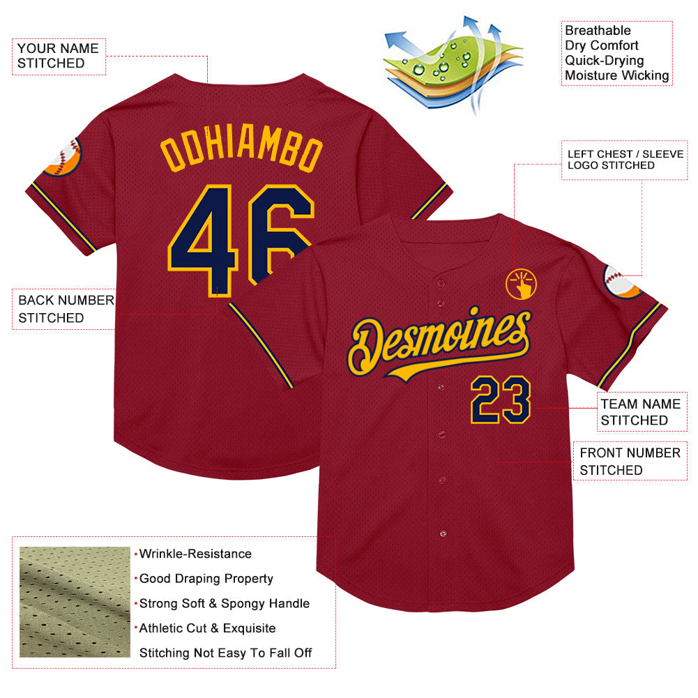Custom Maroon Navy-Gold Mesh Authentic Throwback Baseball Jersey view 3