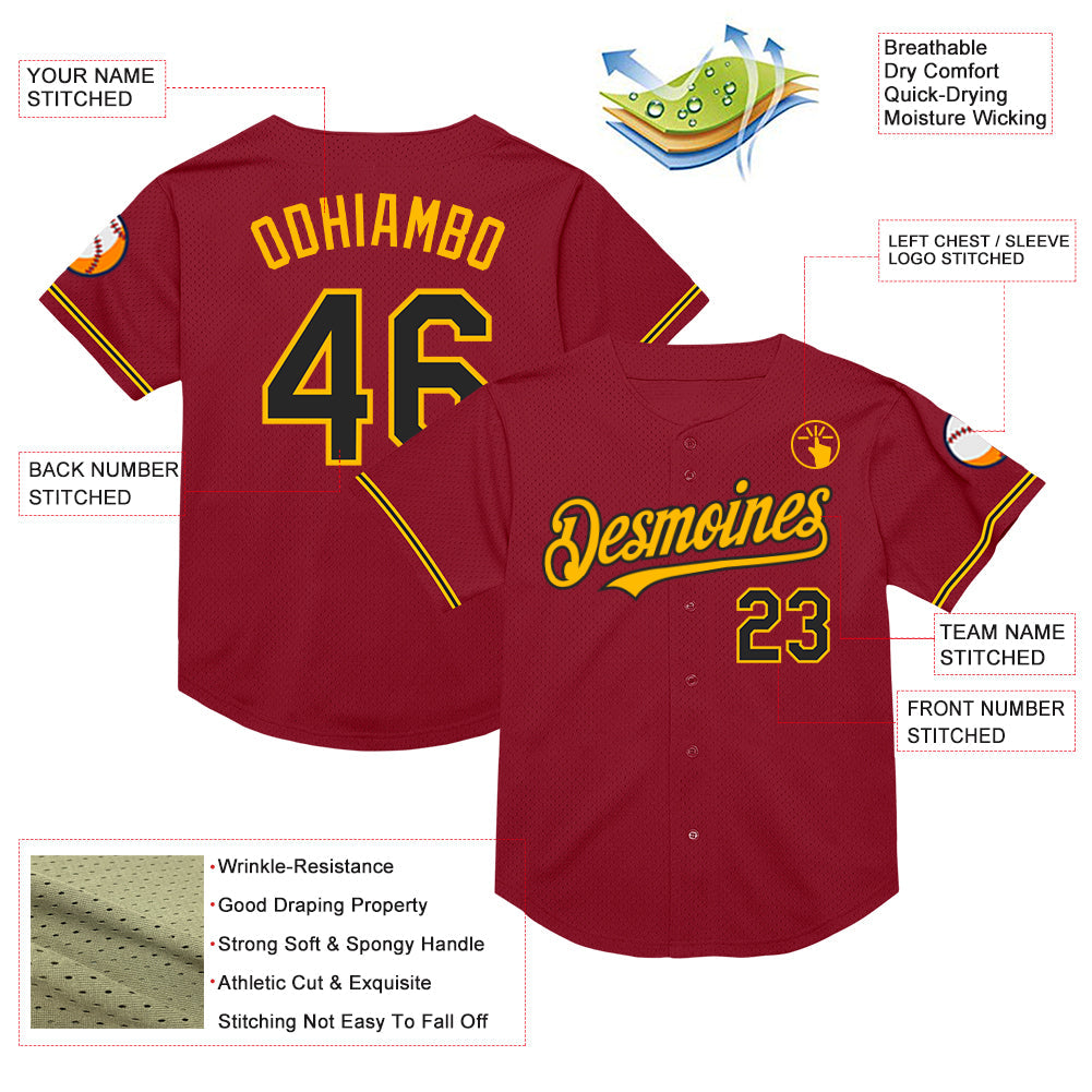 Custom Maroon Black-Gold Mesh Authentic Throwback Baseball Jersey view 3