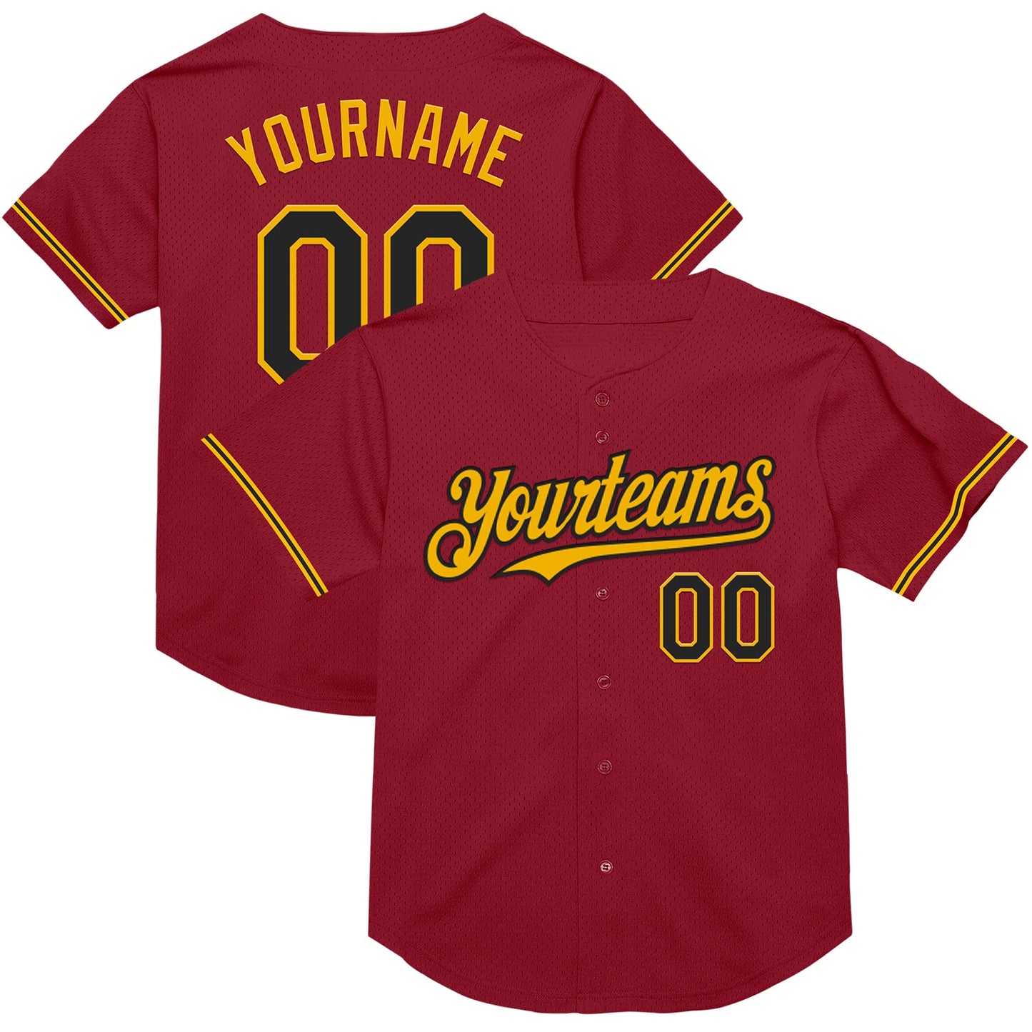 Custom Maroon Black-Gold Mesh Authentic Throwback Baseball Jersey - Main View