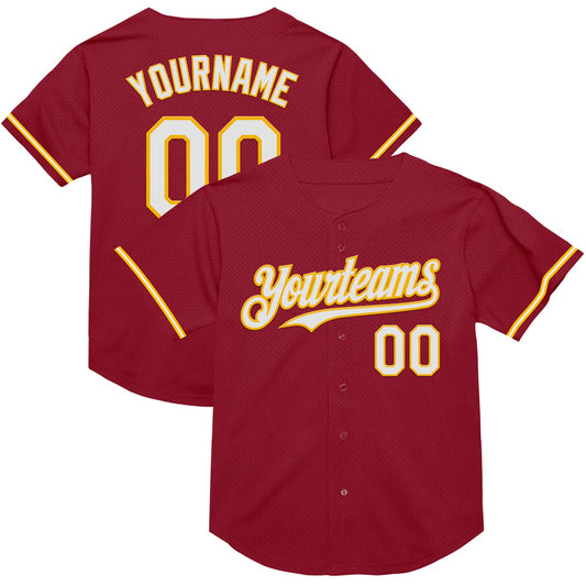 Custom Maroon White-Gold Mesh Authentic Throwback Baseball Jersey - Main View