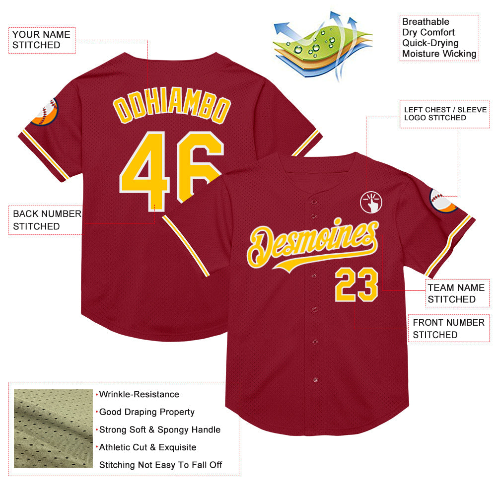 Custom Maroon Yellow-White Mesh Authentic Throwback Baseball Jersey view 3