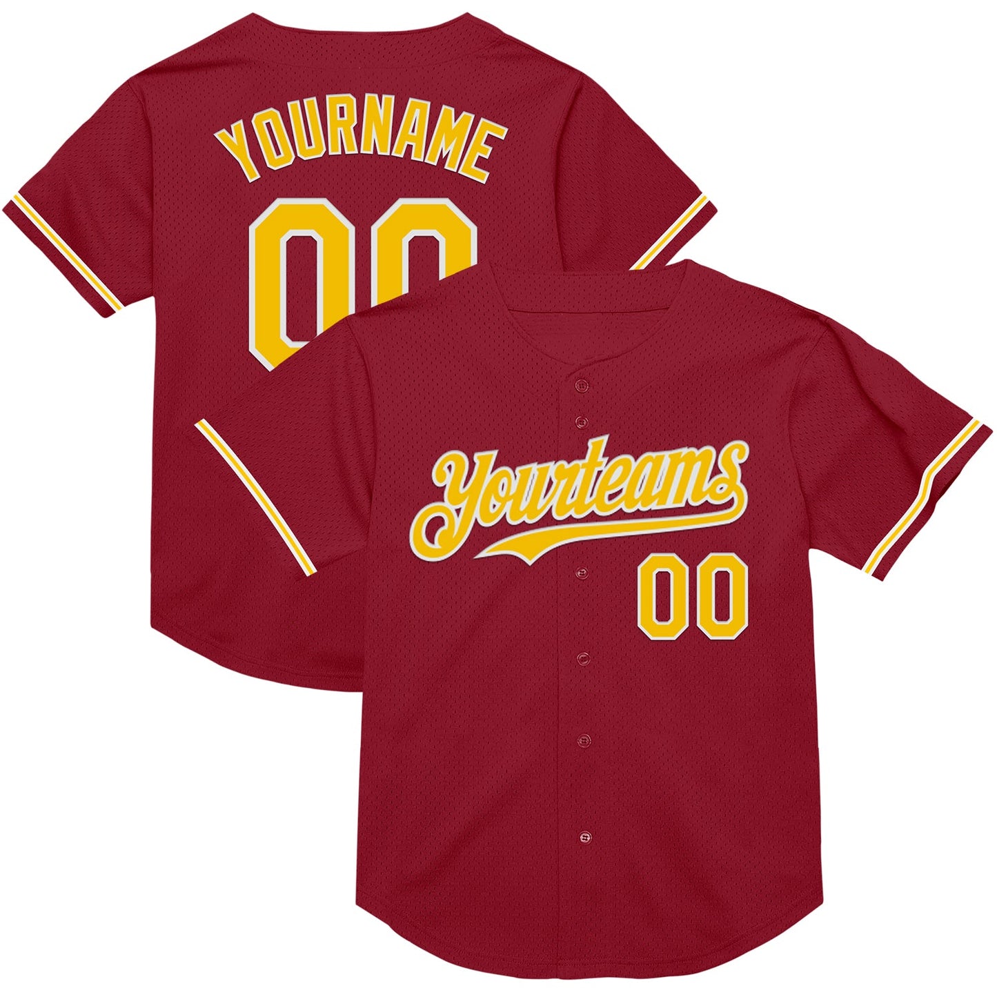 Custom Maroon Yellow-White Mesh Authentic Throwback Baseball Jersey - Main View