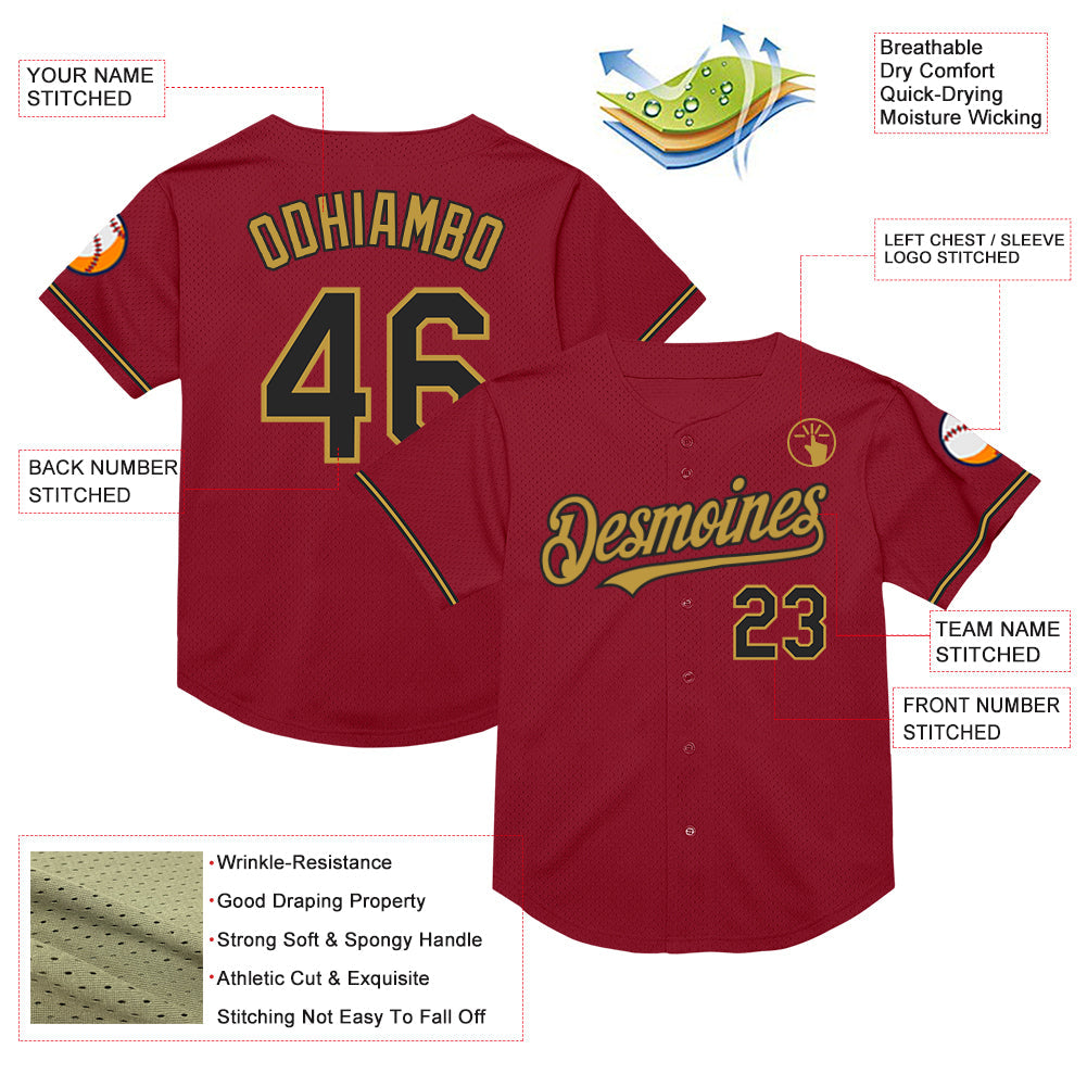 Custom Maroon Black-Old Gold Mesh Authentic Throwback Baseball Jersey view 3