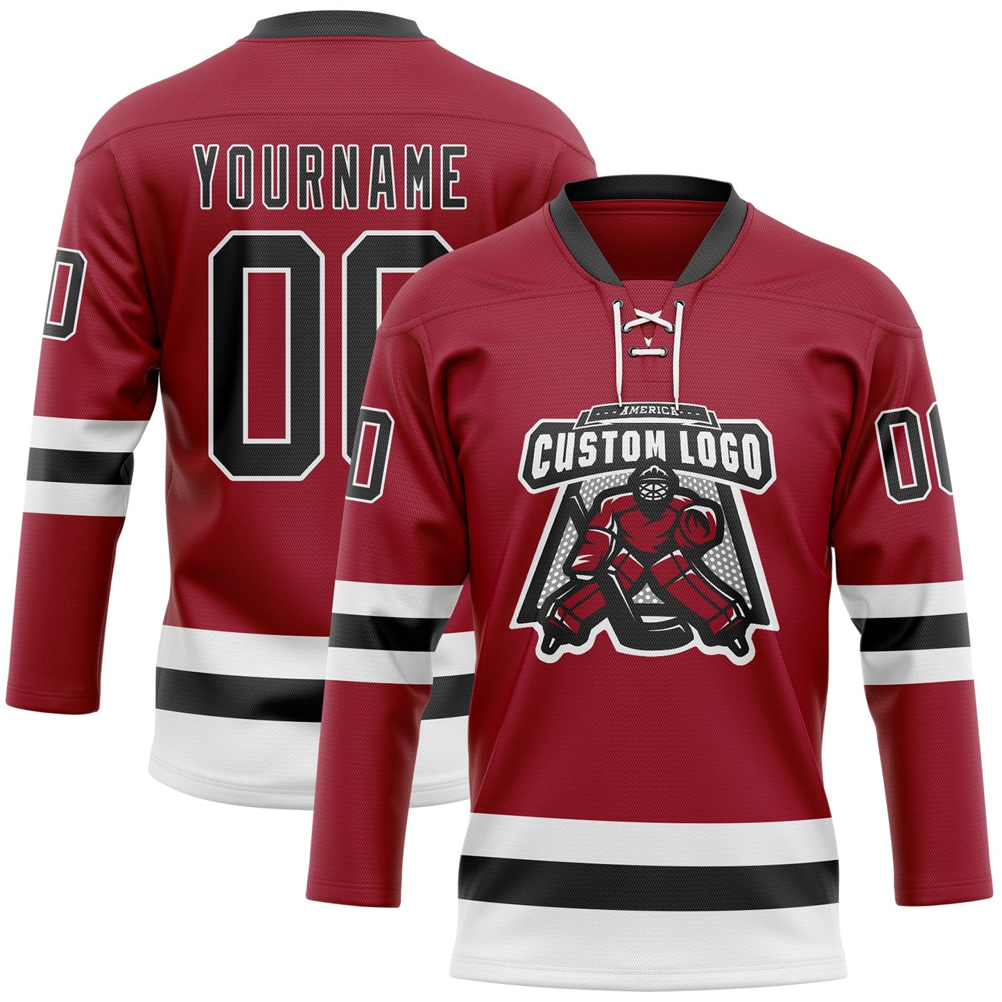 Custom Maroon Black-White Hockey Lace Neck Jersey view 2