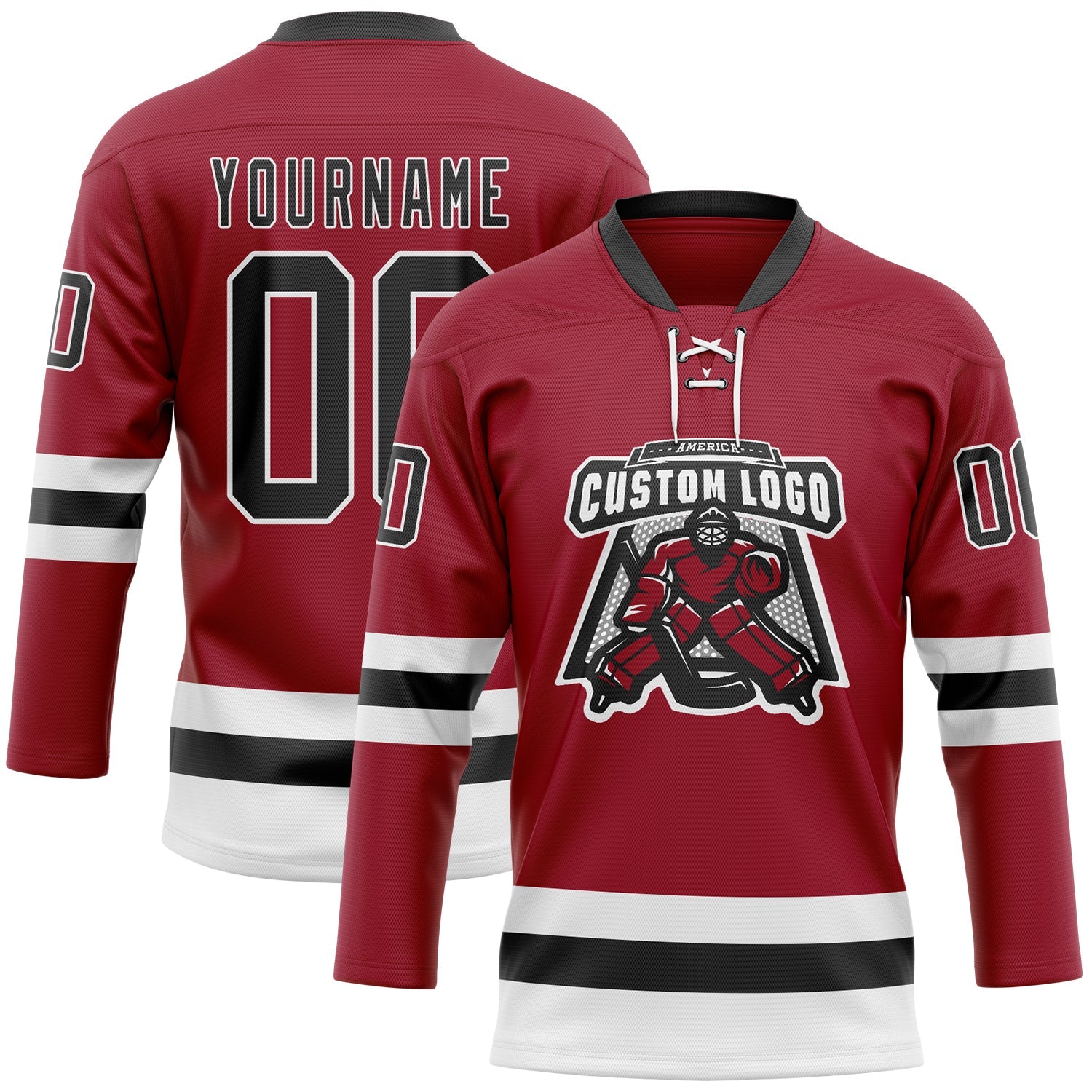 Custom Maroon Black-White Hockey Lace Neck Jersey view 2