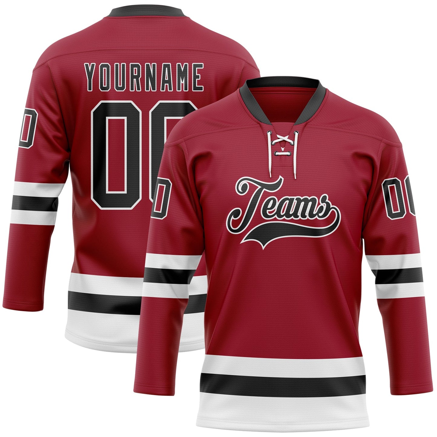 Custom Maroon Black-White Hockey Lace Neck Jersey - Main View