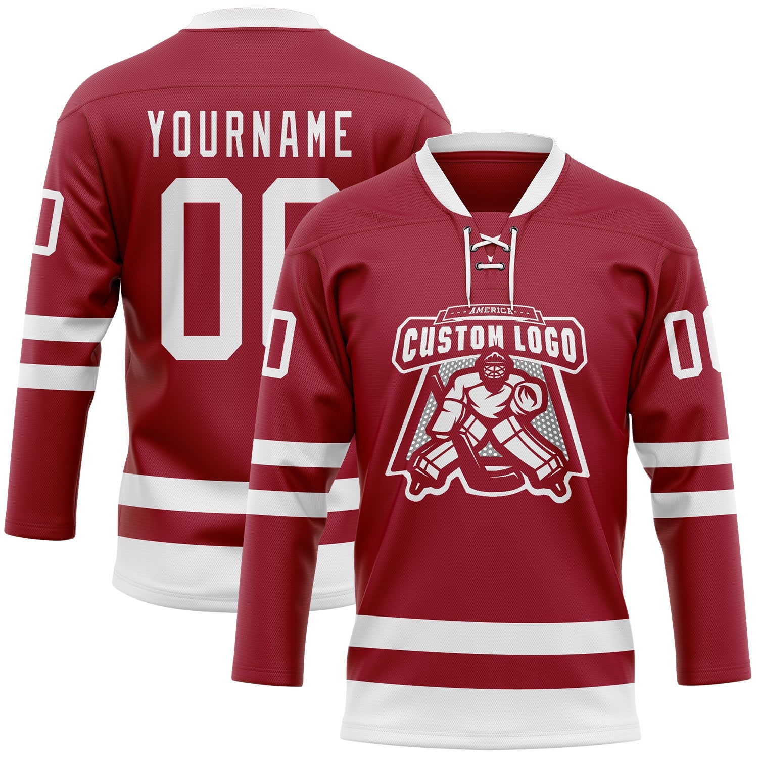 Custom Maroon White Hockey Lace Neck Jersey view 2