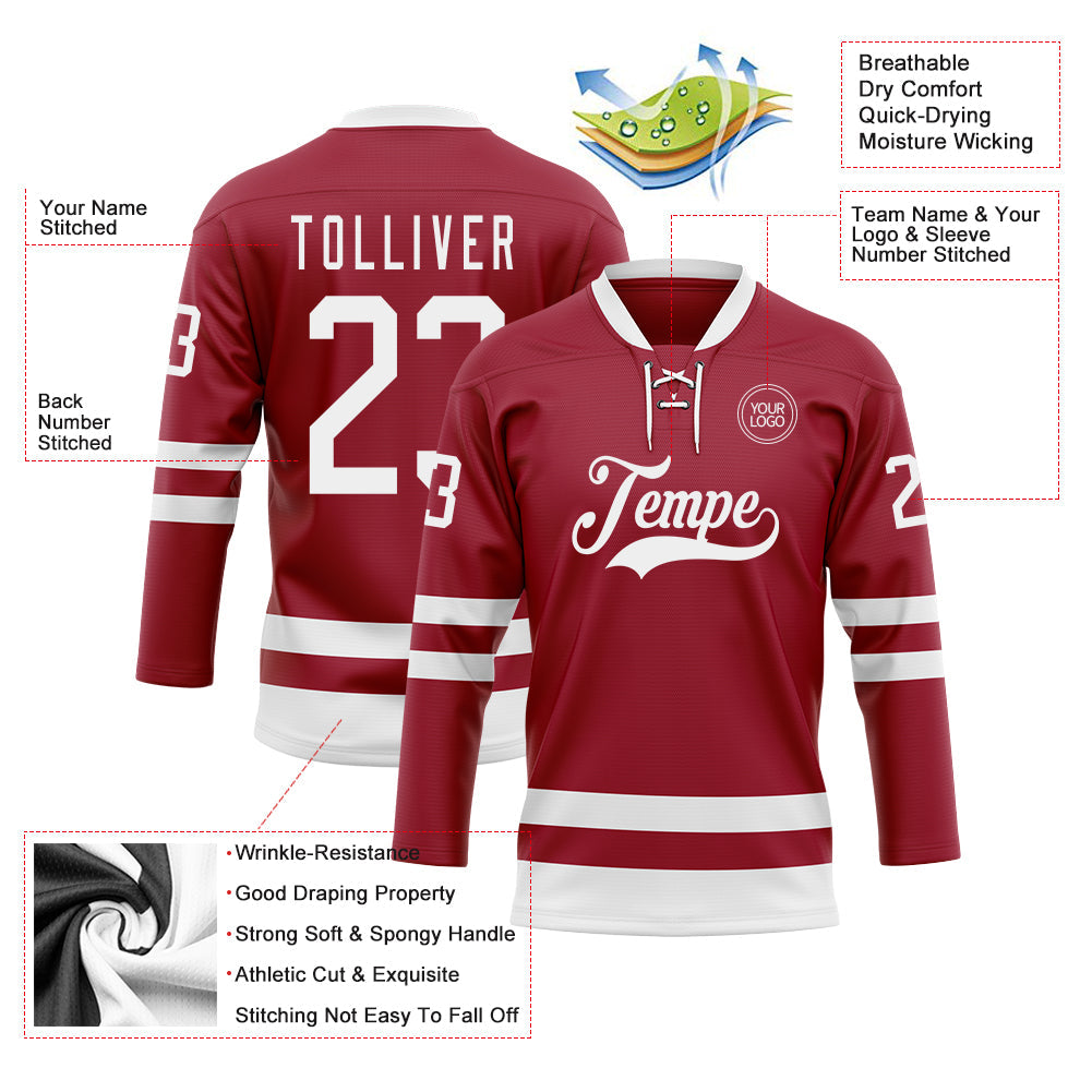 Custom Maroon White Hockey Lace Neck Jersey view 3