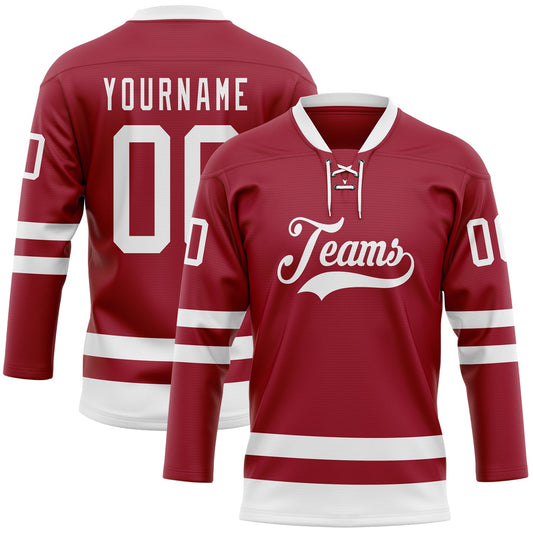 Custom Maroon White Hockey Lace Neck Jersey - Main View