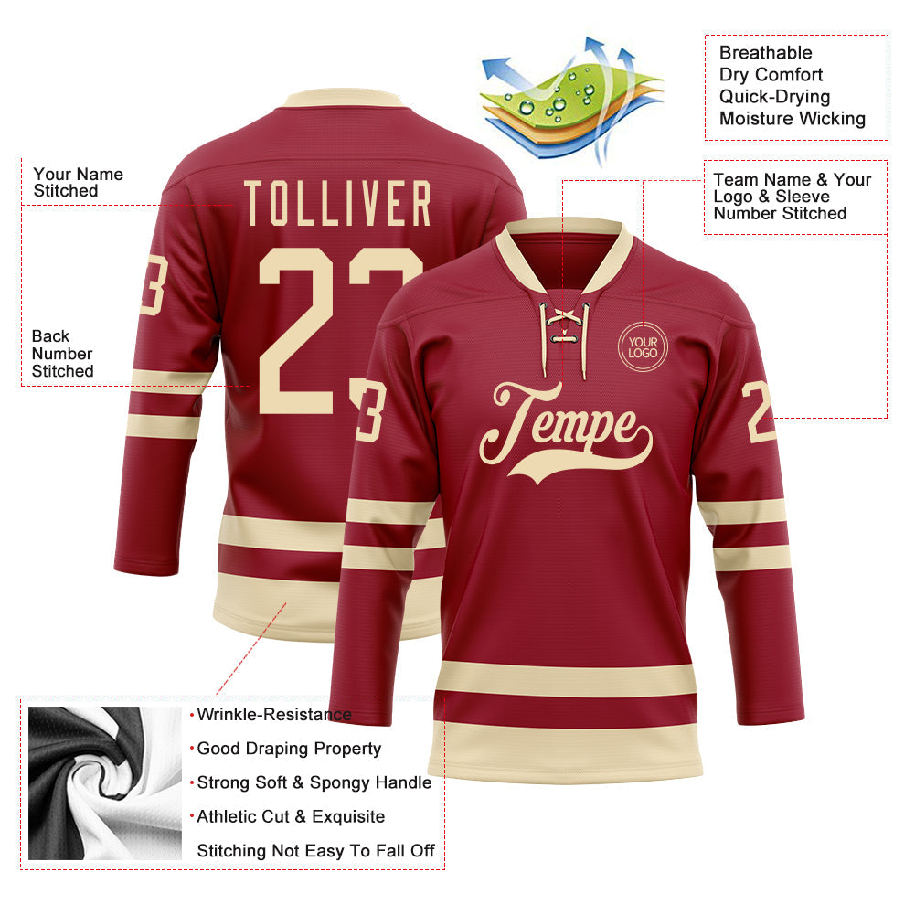 Custom Maroon Cream Hockey Lace Neck Jersey view 3