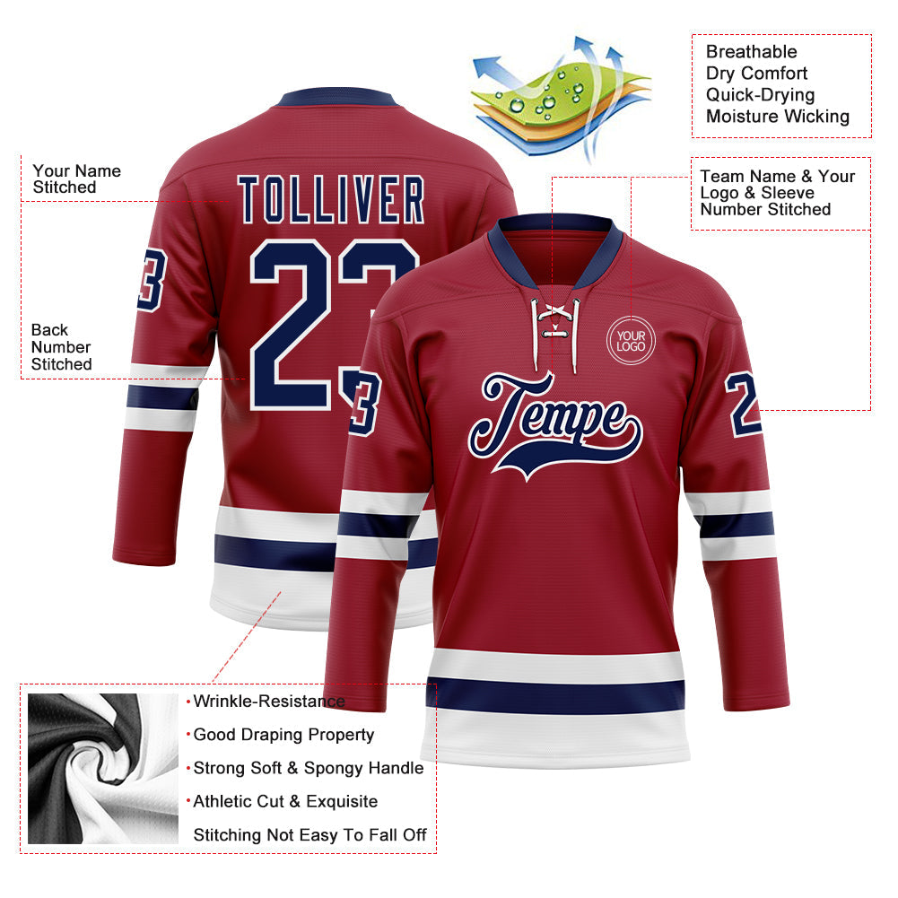 Custom Maroon Navy-White Hockey Lace Neck Jersey view 3
