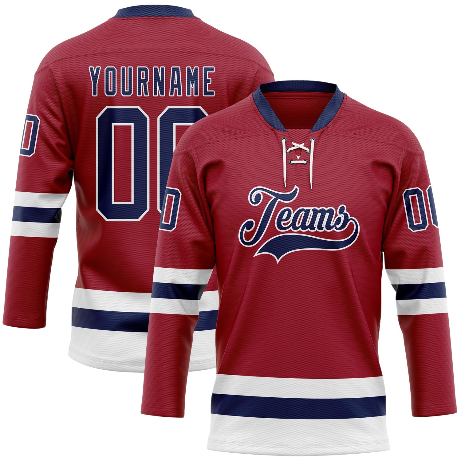 Custom Maroon Navy-White Hockey Lace Neck Jersey - Main View