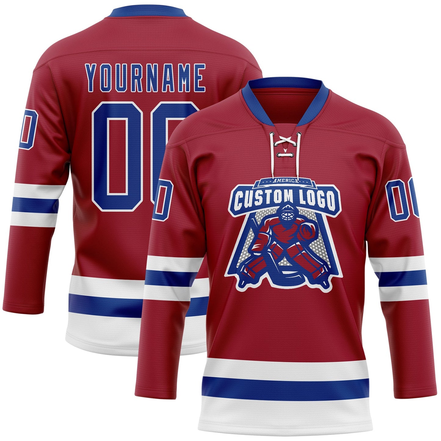 Custom Maroon Royal-White Hockey Lace Neck Jersey view 2