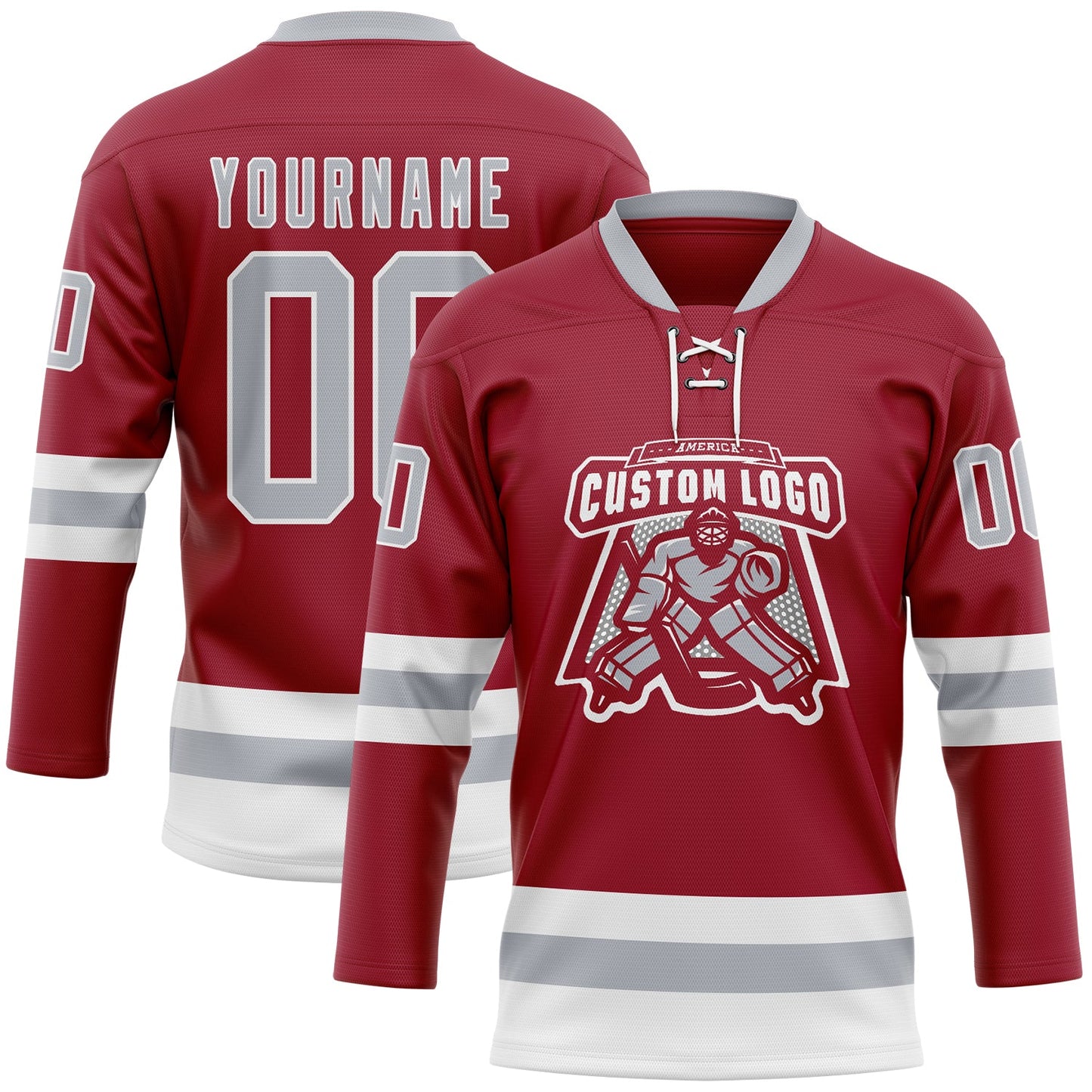 Custom Maroon Gray-White Hockey Lace Neck Jersey view 2