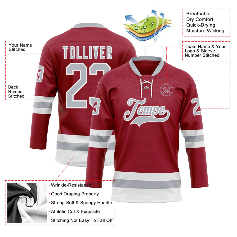 Custom Maroon Gray-White Hockey Lace Neck Jersey view 3