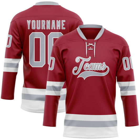 Custom Maroon Gray-White Hockey Lace Neck Jersey - Main View