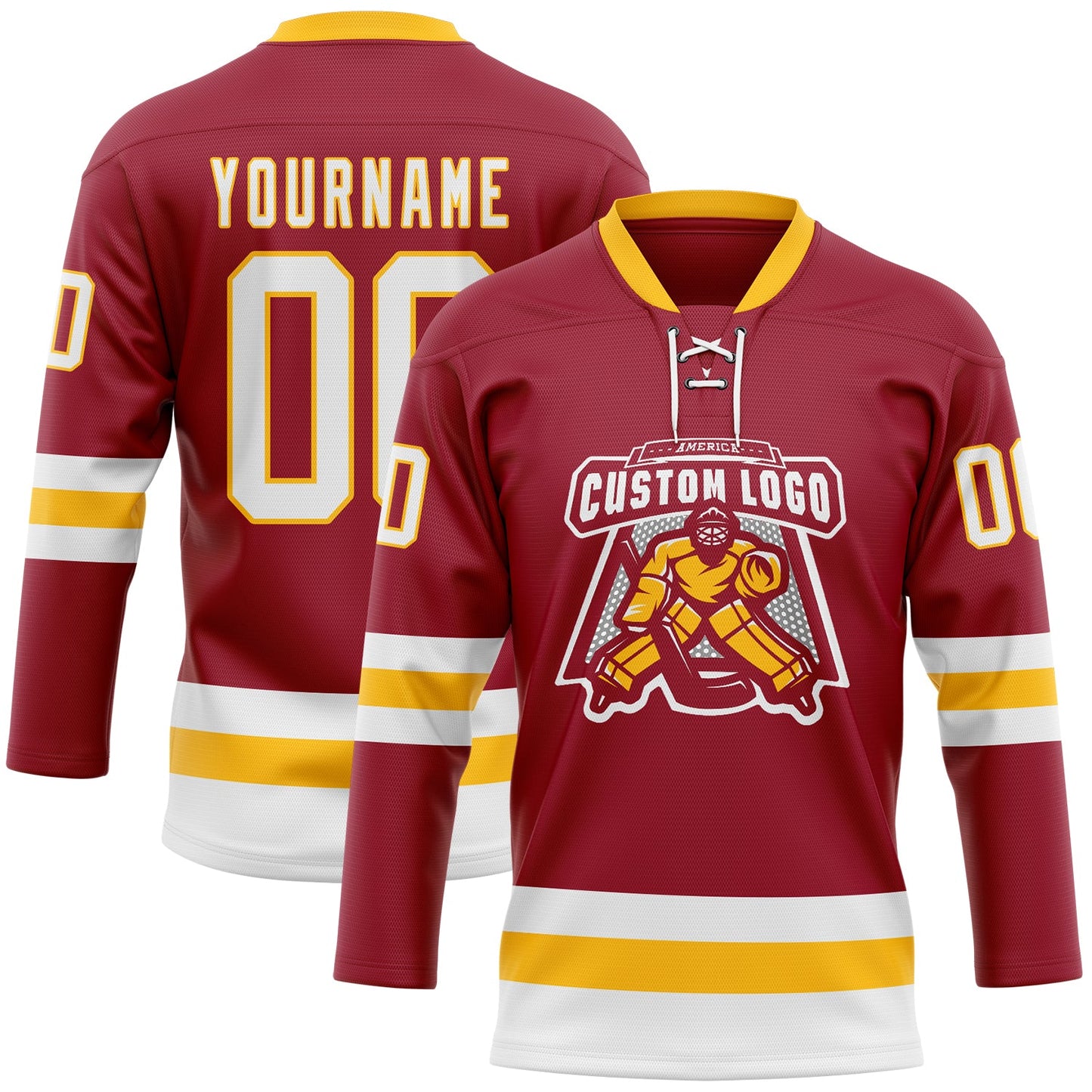 Custom Maroon White-Gold Hockey Lace Neck Jersey view 2