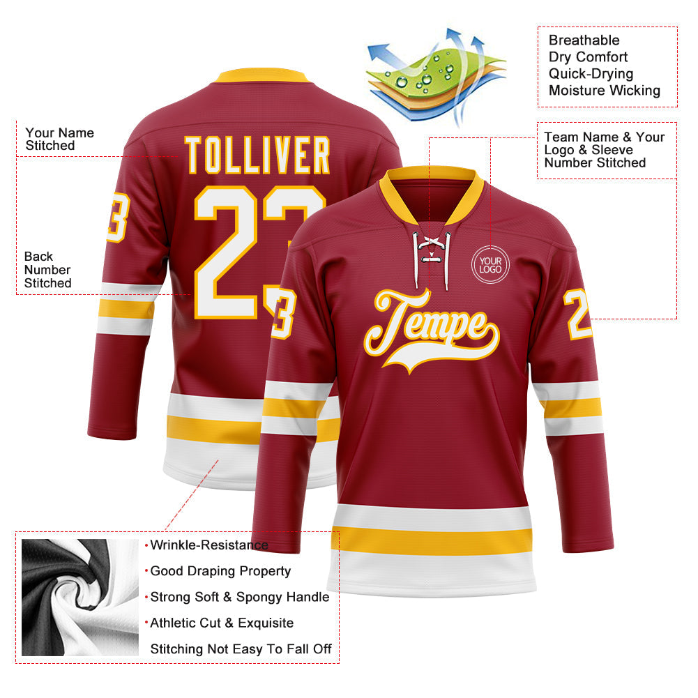 Custom Maroon White-Gold Hockey Lace Neck Jersey view 3