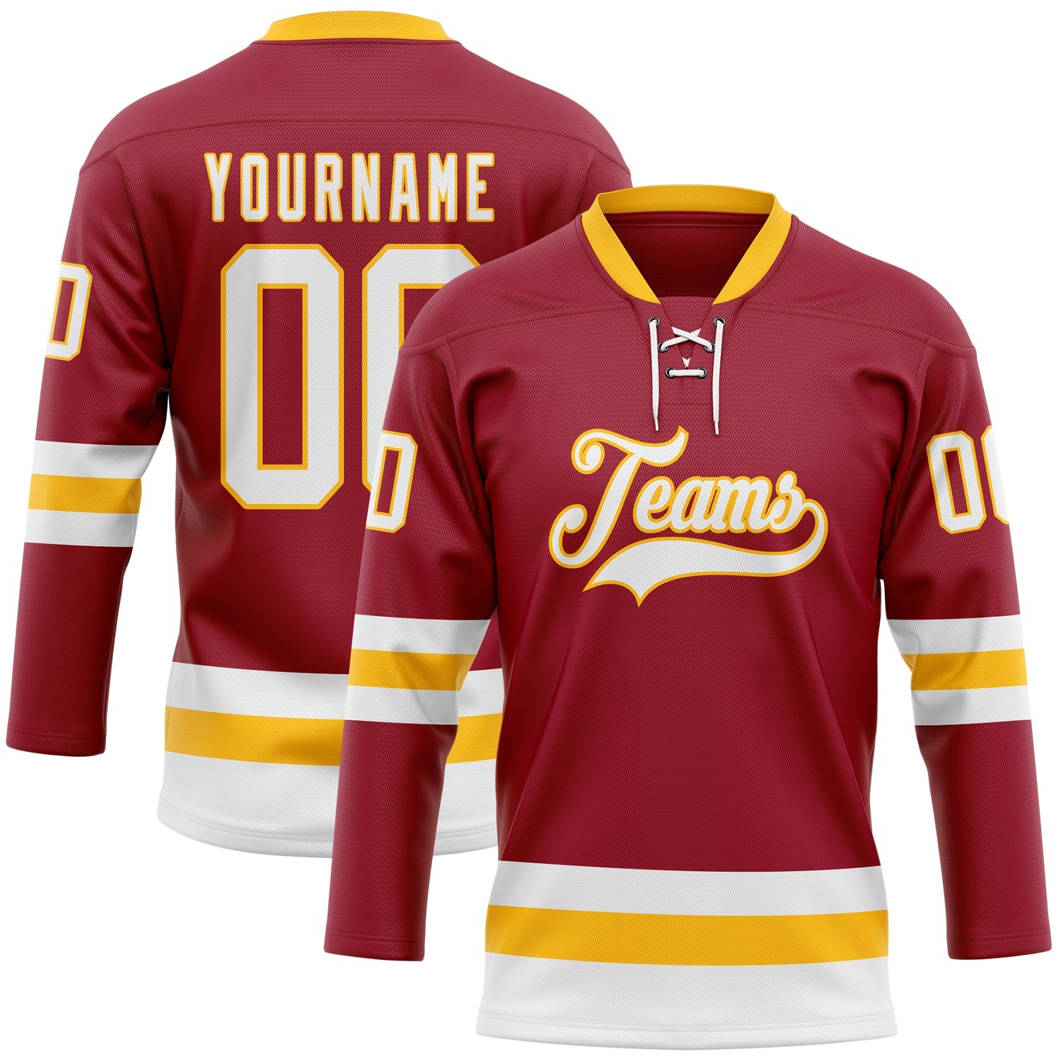 Custom Maroon White-Gold Hockey Lace Neck Jersey - Main View