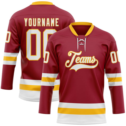 Custom Maroon White-Gold Hockey Lace Neck Jersey - Main View