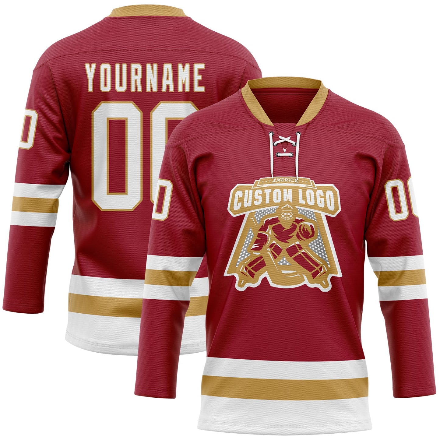 Custom Maroon White-Old Gold Hockey Lace Neck Jersey view 2