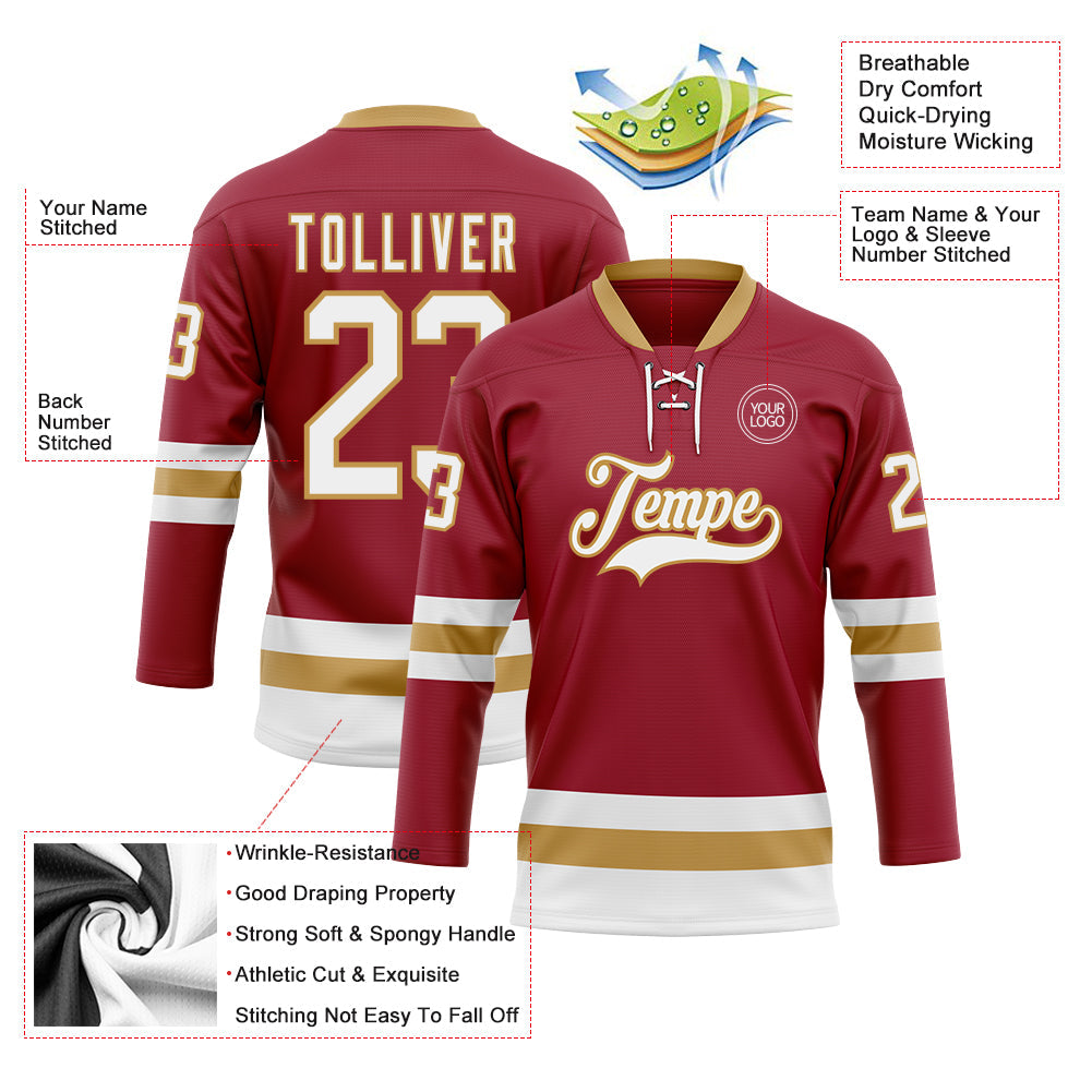 Custom Maroon White-Old Gold Hockey Lace Neck Jersey view 3