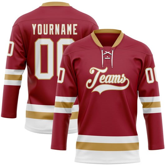 Custom Maroon White-Old Gold Hockey Lace Neck Jersey - Main View