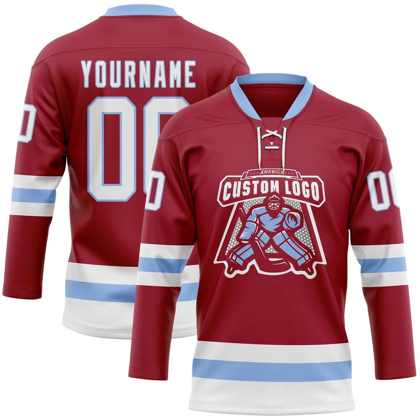 Custom Maroon White-Light Blue Hockey Lace Neck Jersey view 2