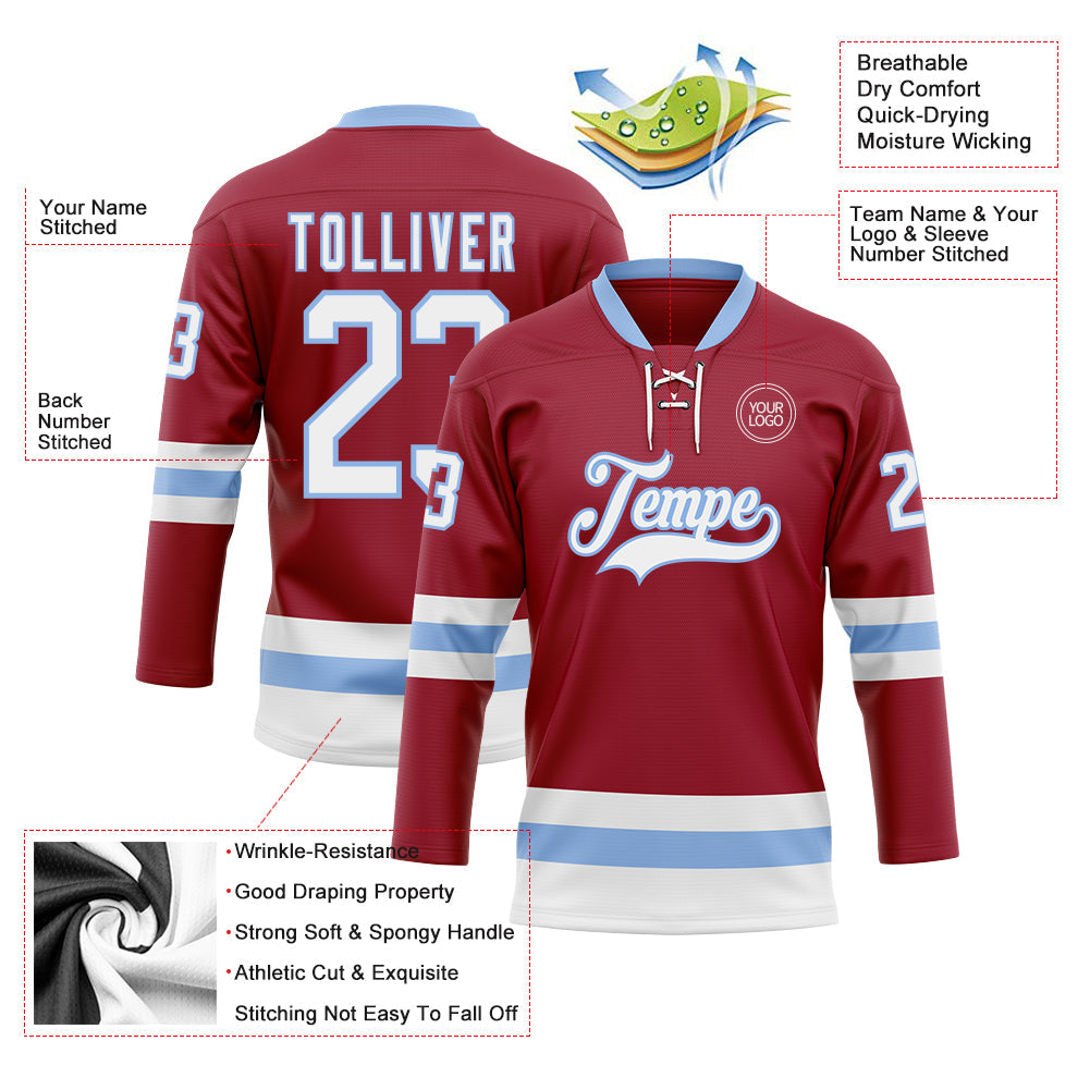 Custom Maroon White-Light Blue Hockey Lace Neck Jersey view 3