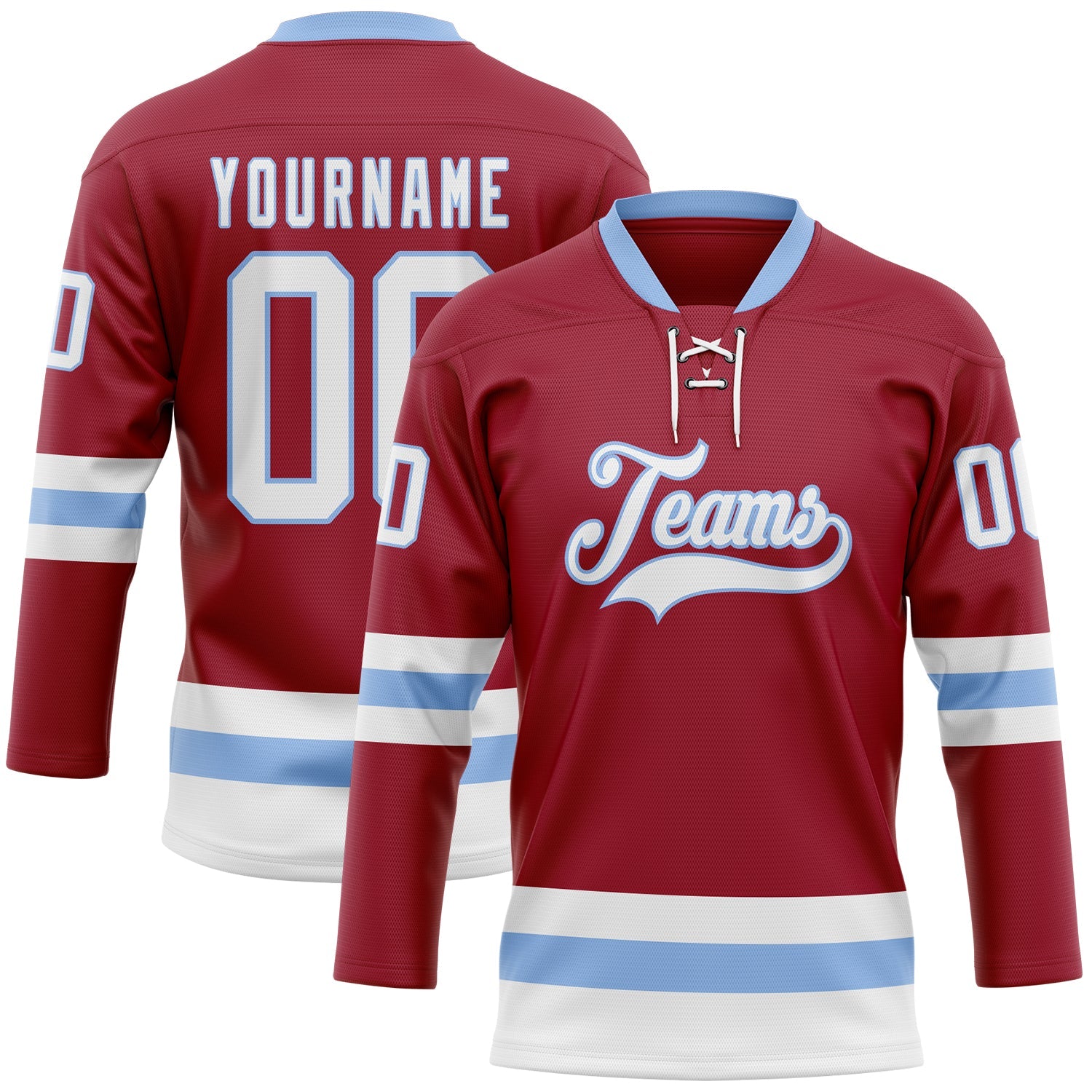 Custom Maroon White-Light Blue Hockey Lace Neck Jersey - Main View