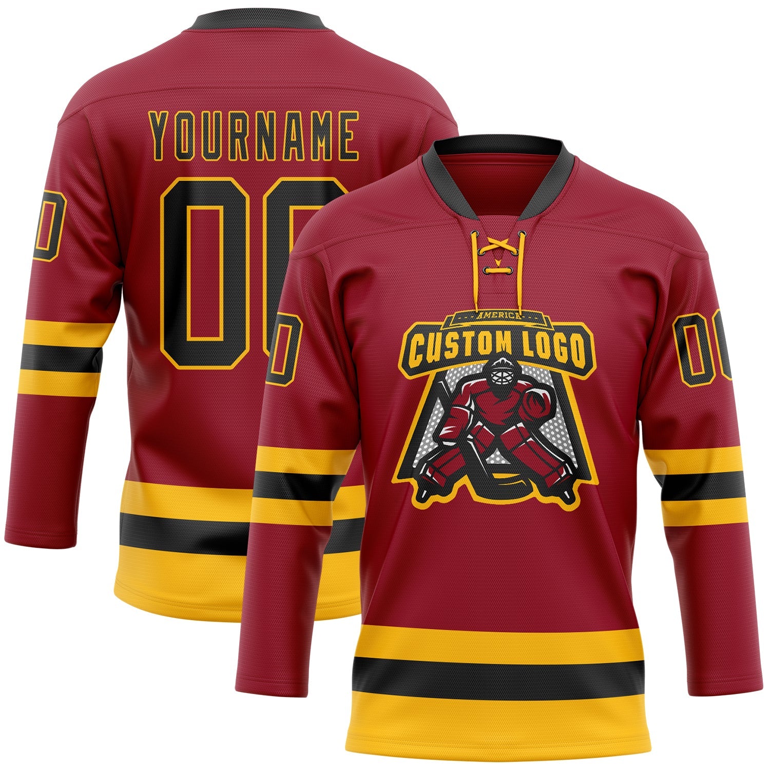 Custom Maroon Black-Gold Hockey Lace Neck Jersey view 2