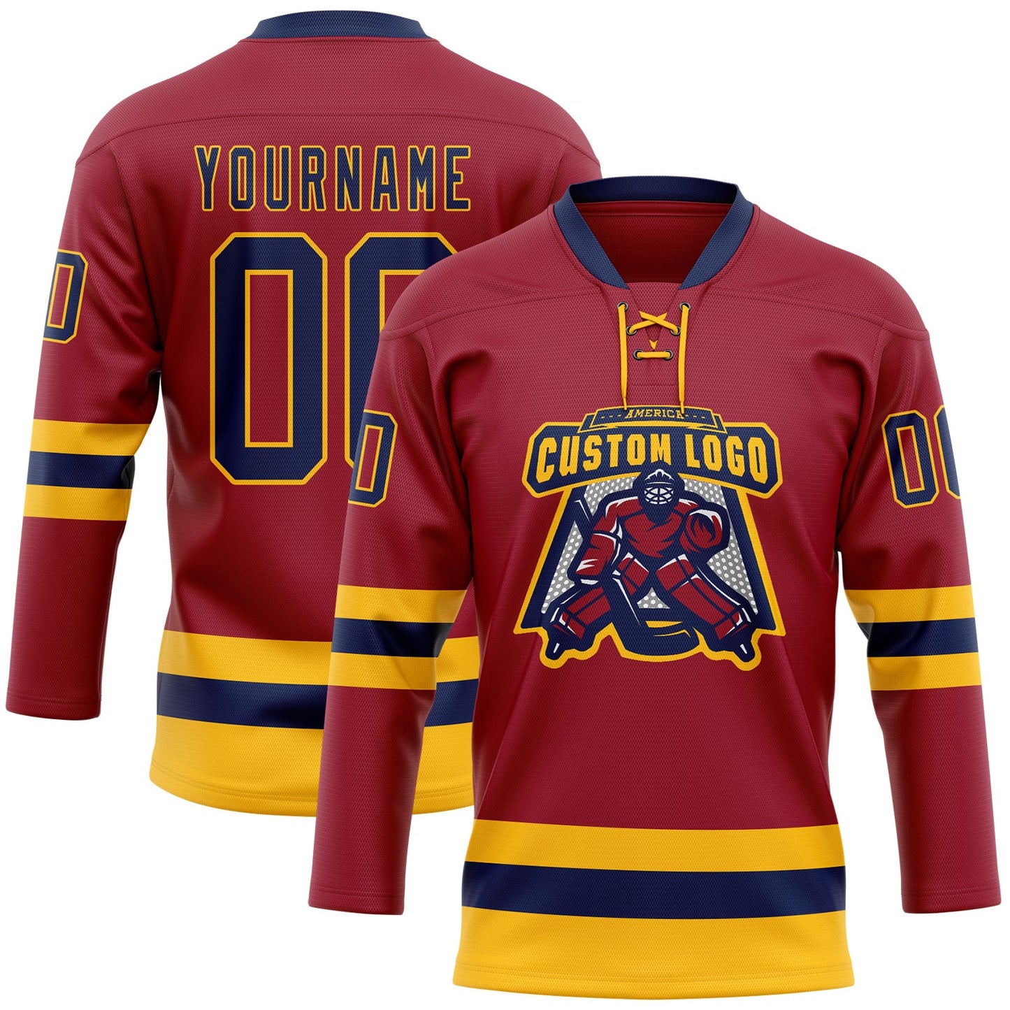 Custom Maroon Navy-Gold Hockey Lace Neck Jersey view 2