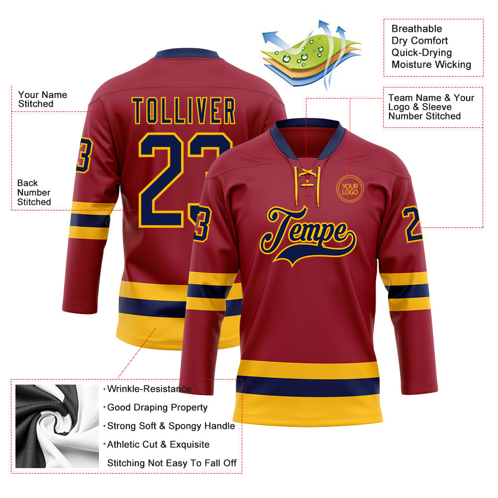Custom Maroon Navy-Gold Hockey Lace Neck Jersey view 3