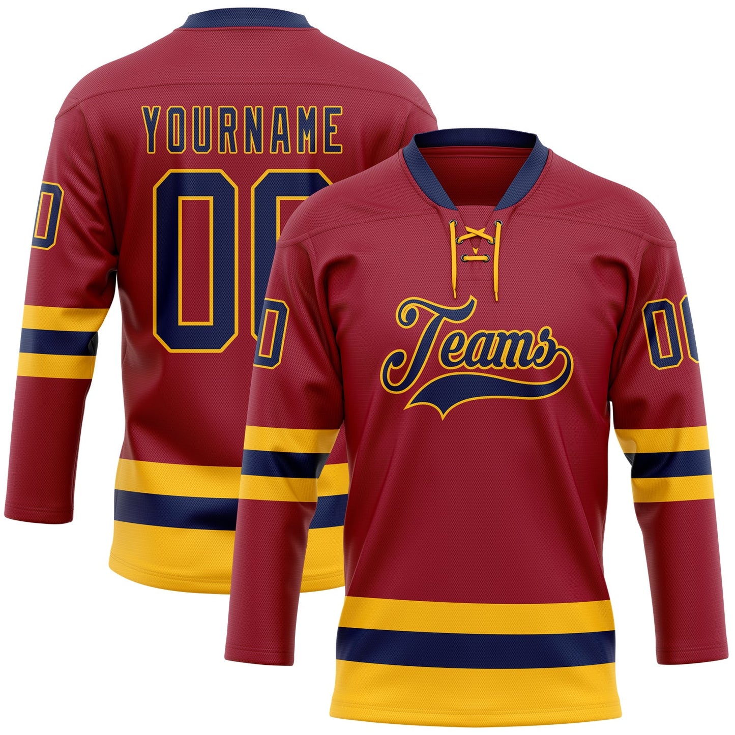 Custom Maroon Navy-Gold Hockey Lace Neck Jersey - Main View